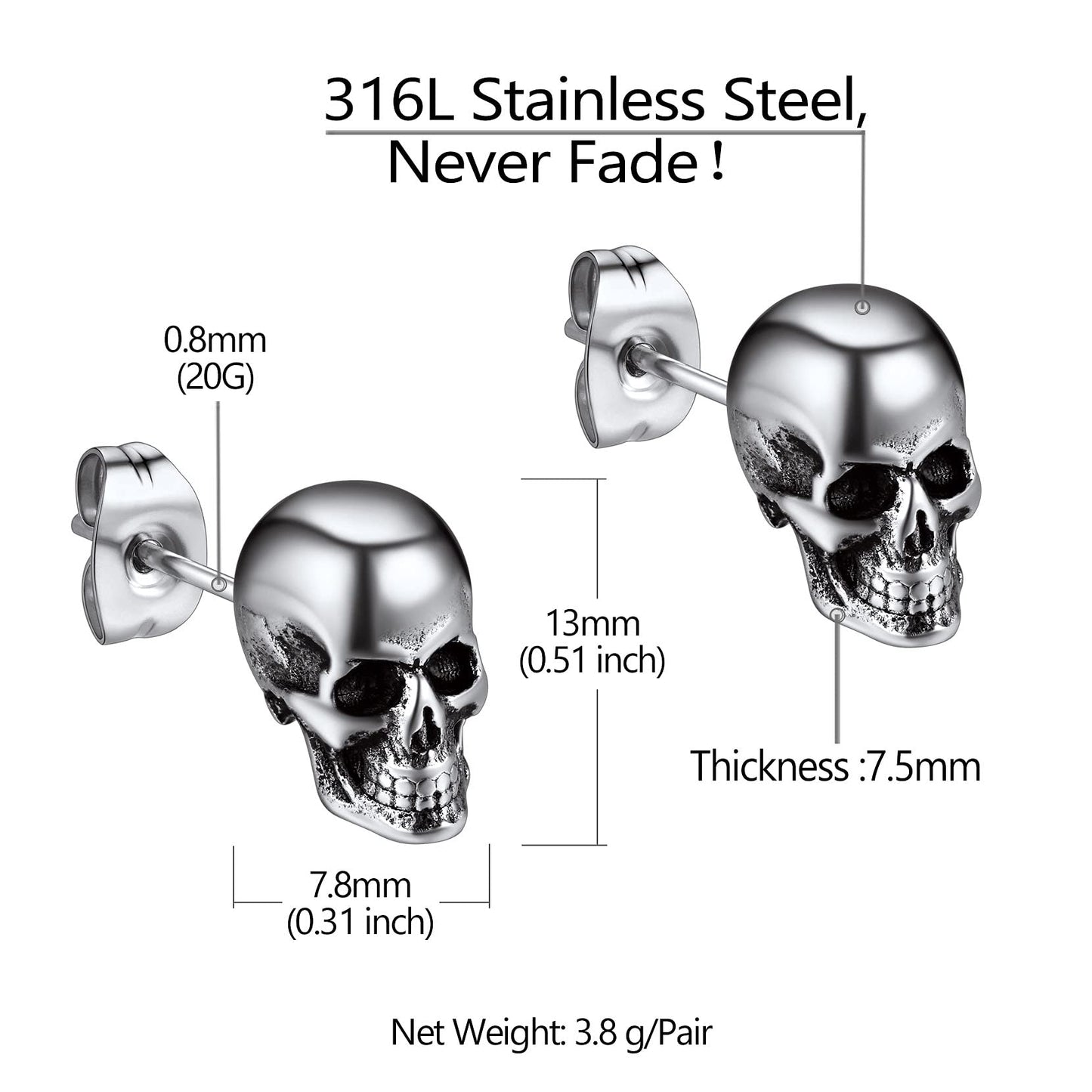Stainless Steel Skull Stud Earrings for Men Women Punk Rock Ear Piercing Earring Halloween Jewelry