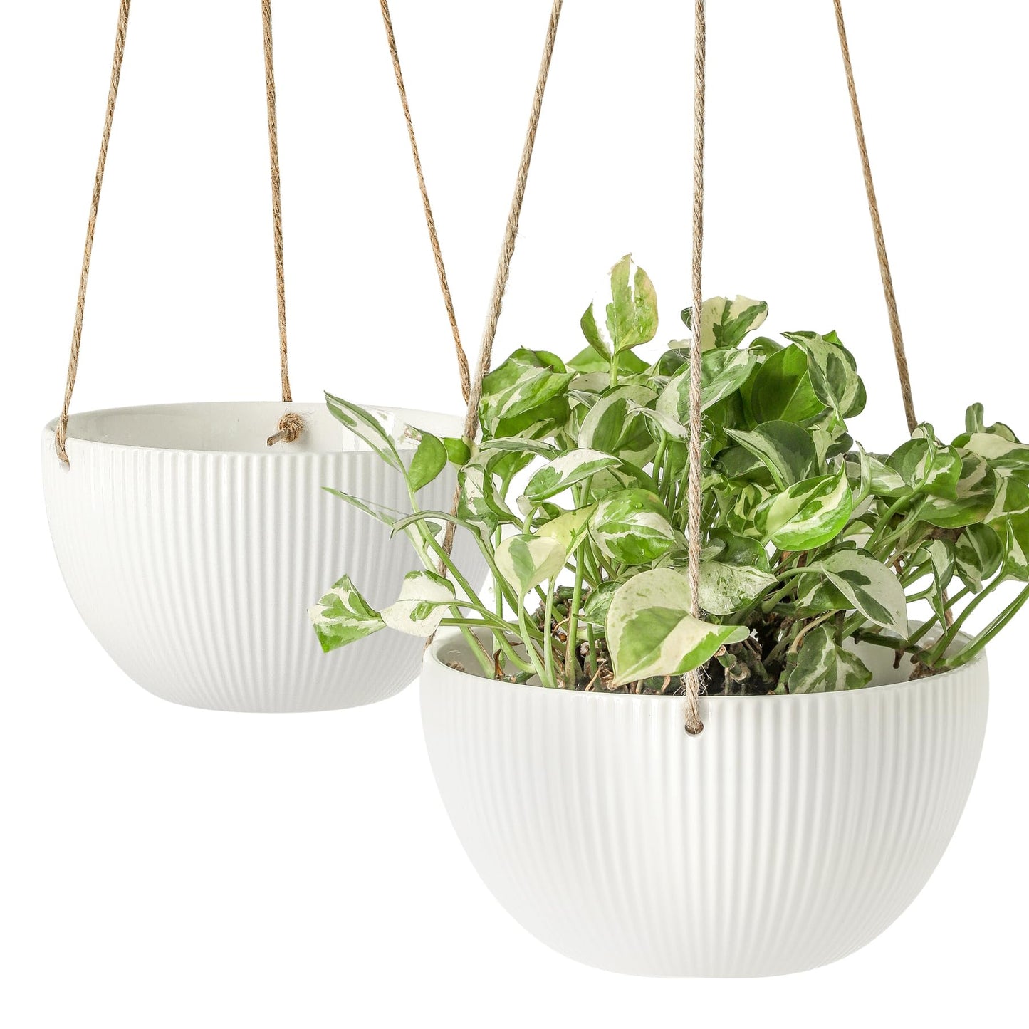 UBEE Ceramic Hanging Planters Indoor Outdoor, 7.5 Inch + 6.5 Inch Hanging Flower Pot for Plants Hanging Basket for Succulent Pothos Herbs Window Home Decor, 2 Pack, White