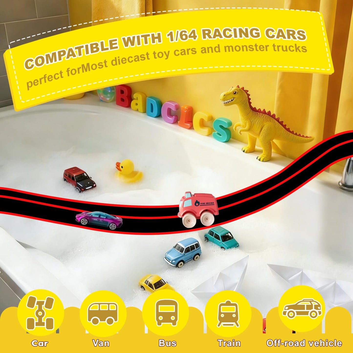 Race Car Bath Toy Set, Toddler Bath Toys, Flex Race Track Car Set, Kids Bathtub Gift, Including Mesh Storage Bag - Suction Cup, for Ages 3 & Up (10-Piece Set) (Black & Red)