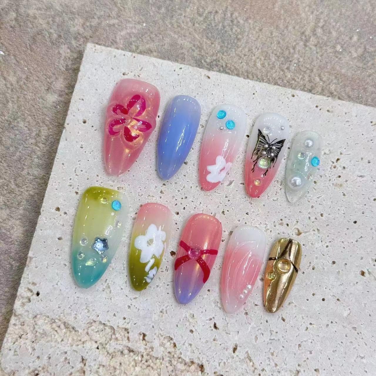 TENPAL Colorful Almond Nails,Handmade Press on Nails,Glossy Pink Green Purple Soft Gel Finished with Flower Butterfly Pattern,Acrylic Glitter Butterfly Nails For Summer(S)