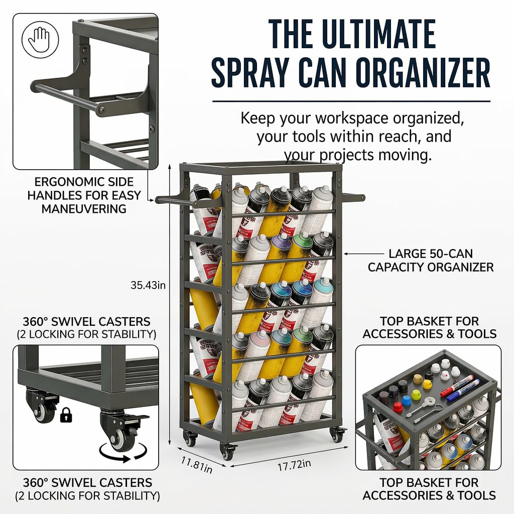 FOREVEROU 50 Can Spray Paint Rack Organizer, Large Capacity Rolling Spray Paint Storage Cart, Metal Aerosol Can Holder for Garage, Auto Shop, Craft Room & Home Mobile Organization