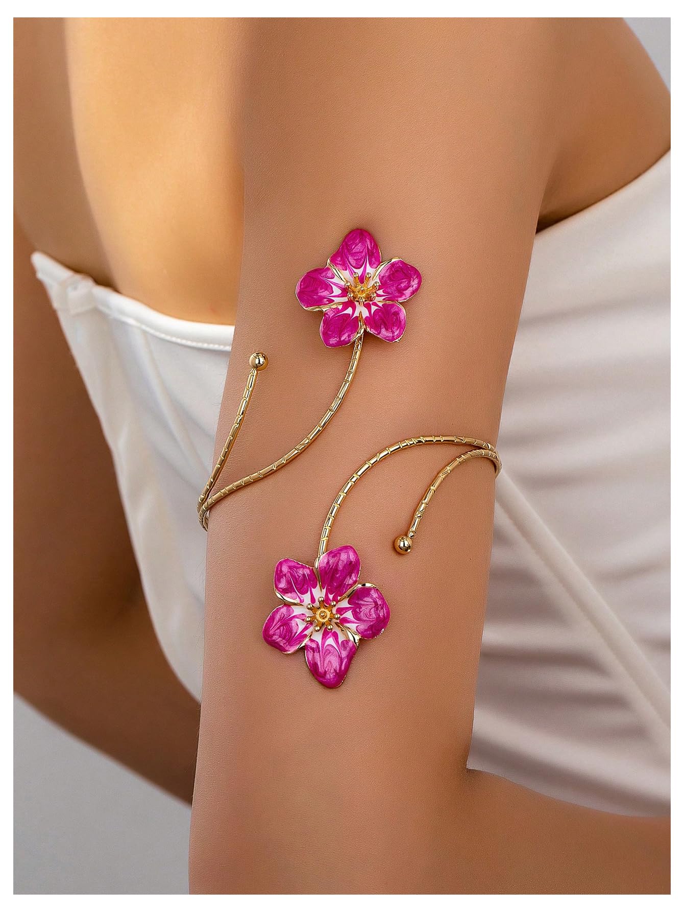 MakeMeChic Beach Gold Arm Cuff Jewelry for Women Bangle Band Armlet Flower Upper Arm Cuff Bracelet Summer Beach Essentials Hot Pink One-Size