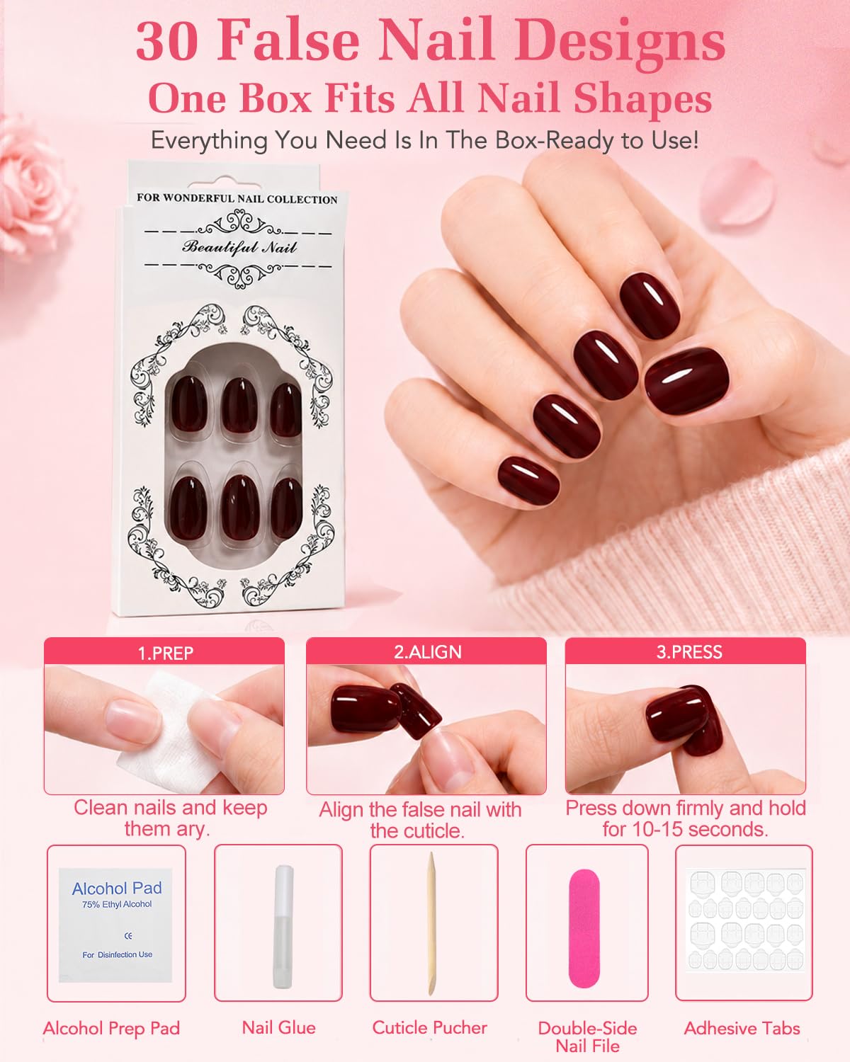 Skiennix Press on Nails Short,30 Pieces Burgundy Oval Fake Nails Reusable Stick Kit with Glue, Adhesive Tabs, Mini Nail File, 15 Sizes Natural Whitening for Women Dark Red