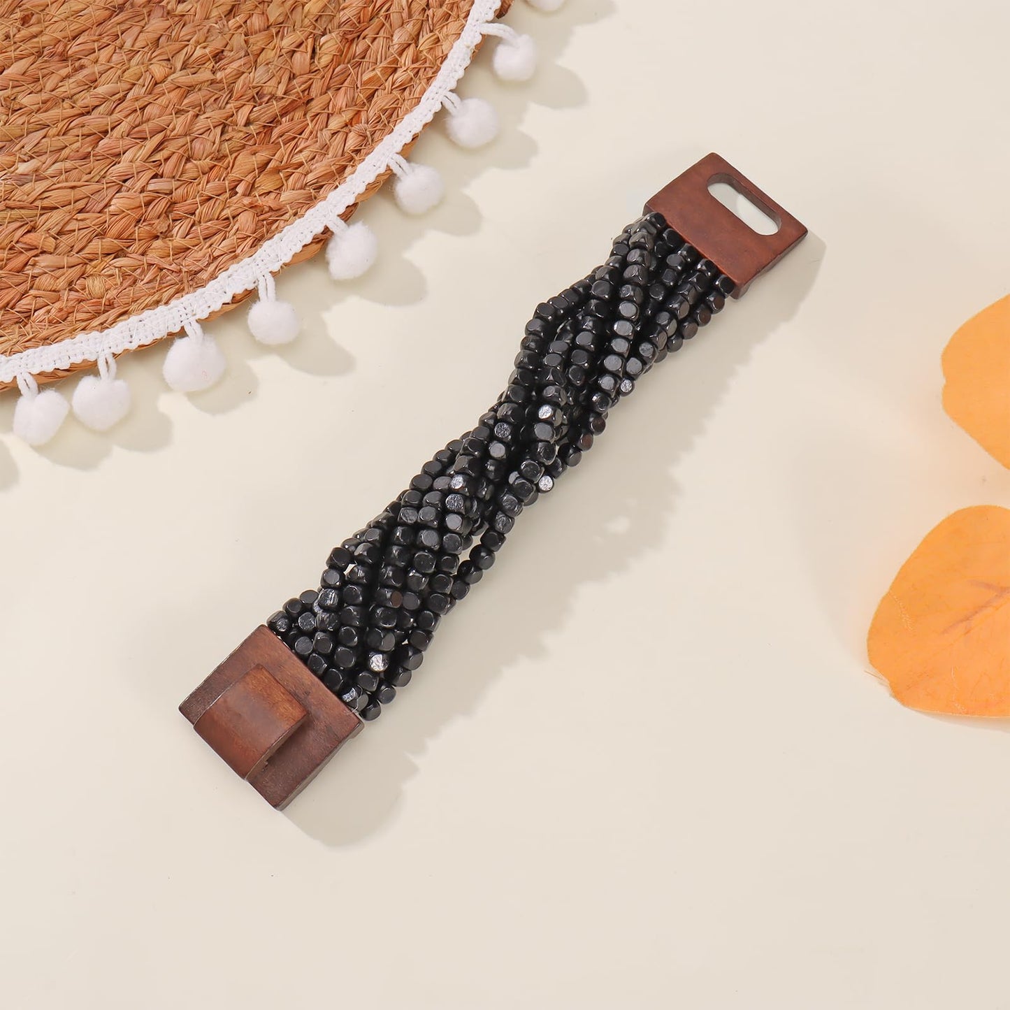 Coiris Boho Bangle Bracelets for Women Wooden Beaded Bracelets Chunky Bohemian Beach Bracelets Jewelry for Women(BR1235-Black)