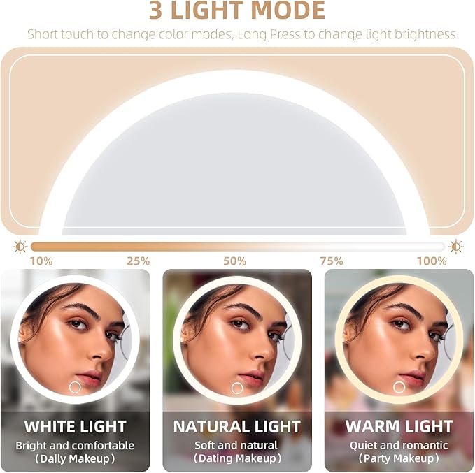 20X Magnifying Mirror with Light, Large 6inch Lighted Magnified Mirror 20x with 3 Suction Cups and 360° Table Stand, Rechargeable 3 Colors Dimming Vanity Makeup Mirror with Tweezers & Scissors
