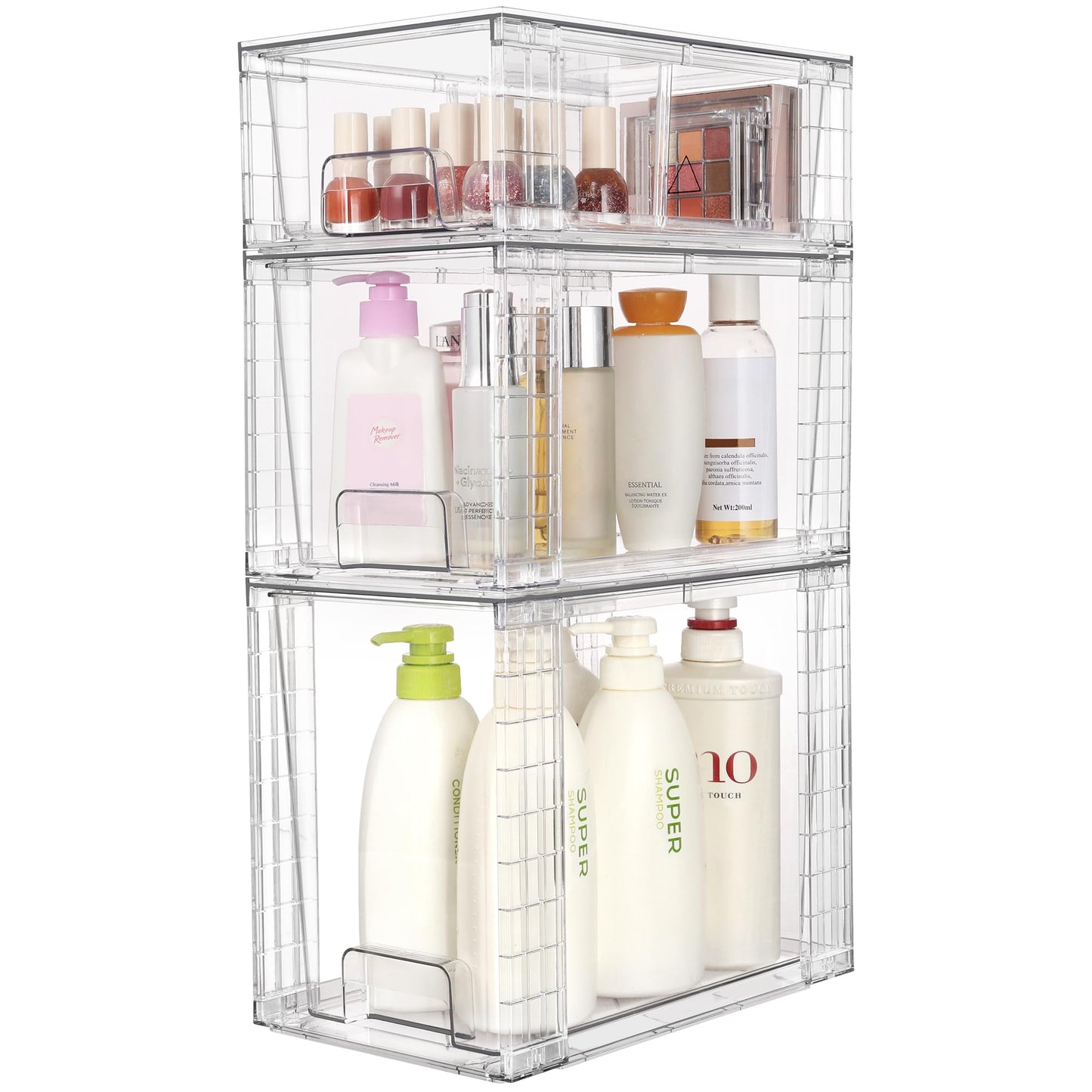 Vtopmart 3 Pack Clear Stackable Storage Drawers,Easy to Assemble Bathroom Organizers and Storage with handles,Plastic Drawers for Kitchen Pantry,Cabinet,Under Sink Organization