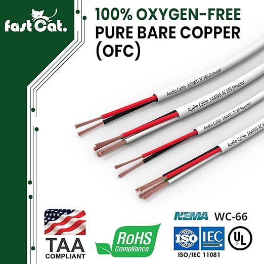fast Cat. Speaker Wire 16 Guage 4C, UL Listed & CMR/CL3R-FT4 Rated - Speaker Cable w/PVC Jacket, 100% Oxygen-Free Pure Bare Copper - (65) HighFlex 16 Guage Wire - in-Wall Use-500ft Bulk Cable, Black
