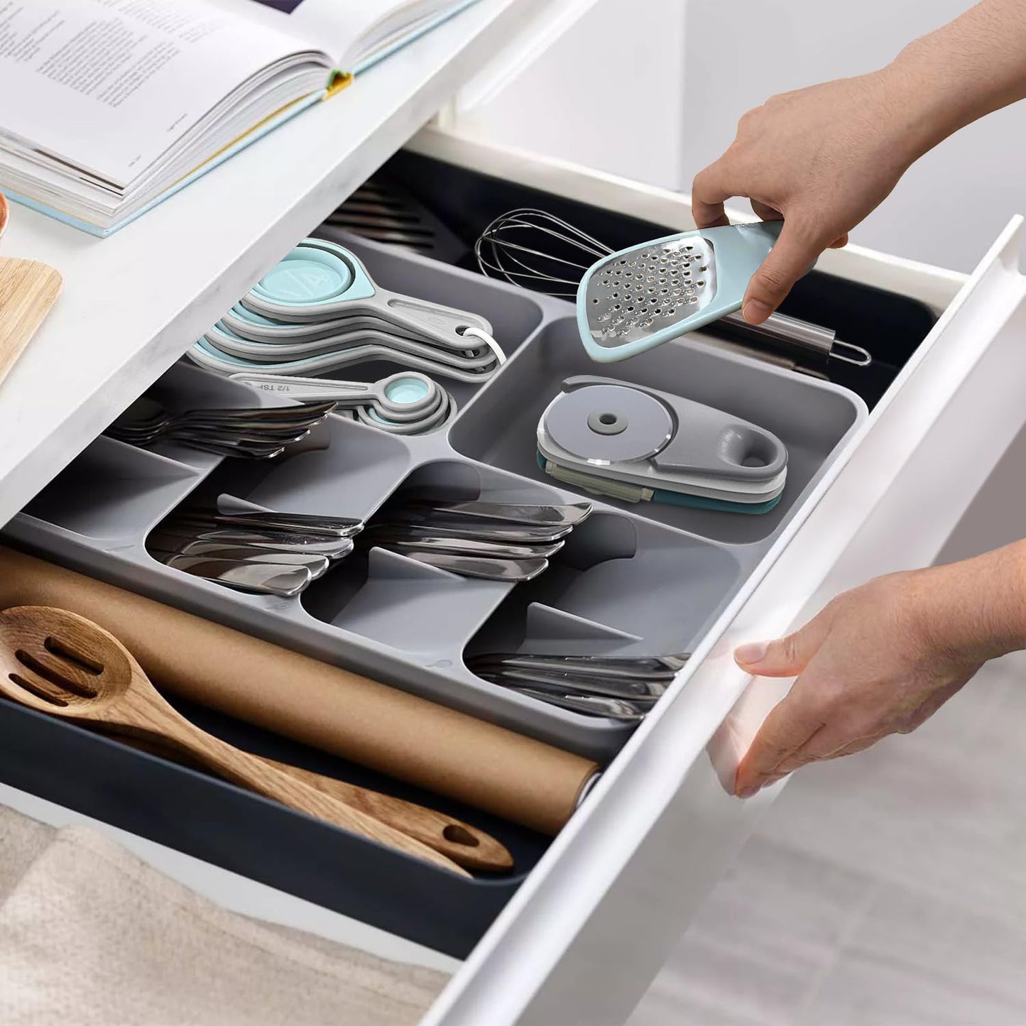 Kitchen Gadgets Set 13 Piece, Space Saving Cooking Tools Includes Cheese Grater, Pizza Cutter, Peeler, Bottle Opener, Garlic Grinder, Collapsible Measuring Cups Spoons for Small Kitchen RV Camp