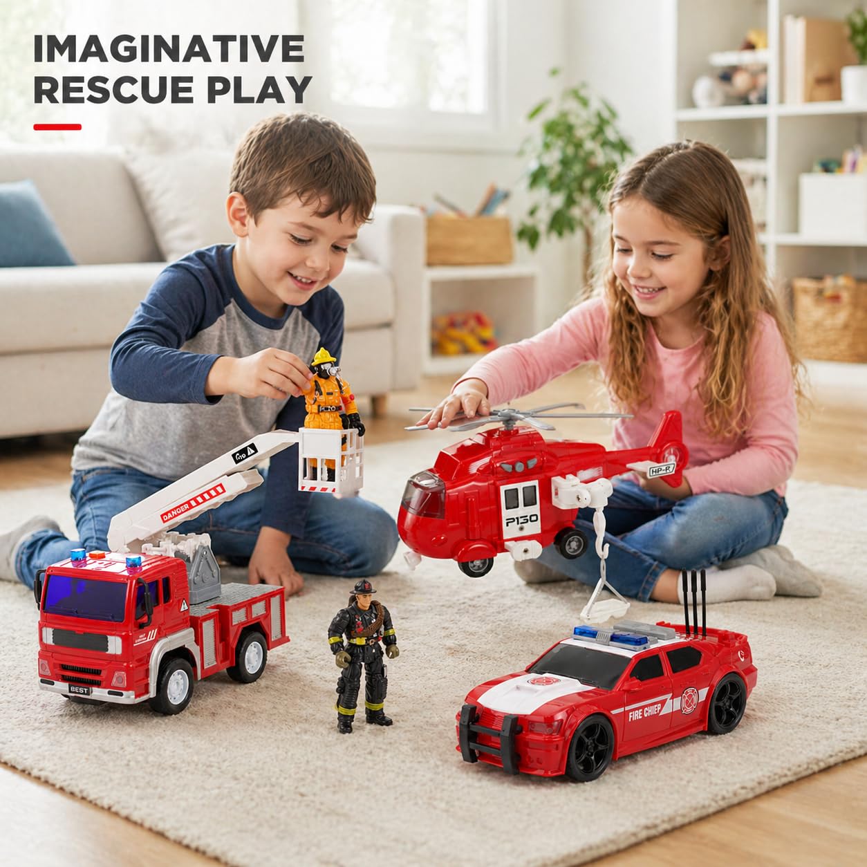 Friction Powered Fire Rescue Toy Set – 1:20 Scale Fire Truck, Helicopter & 2 Firefighter Action Figures with Lights & Sounds – Educational Emergency Vehicle Playset for Kids Ages 3+