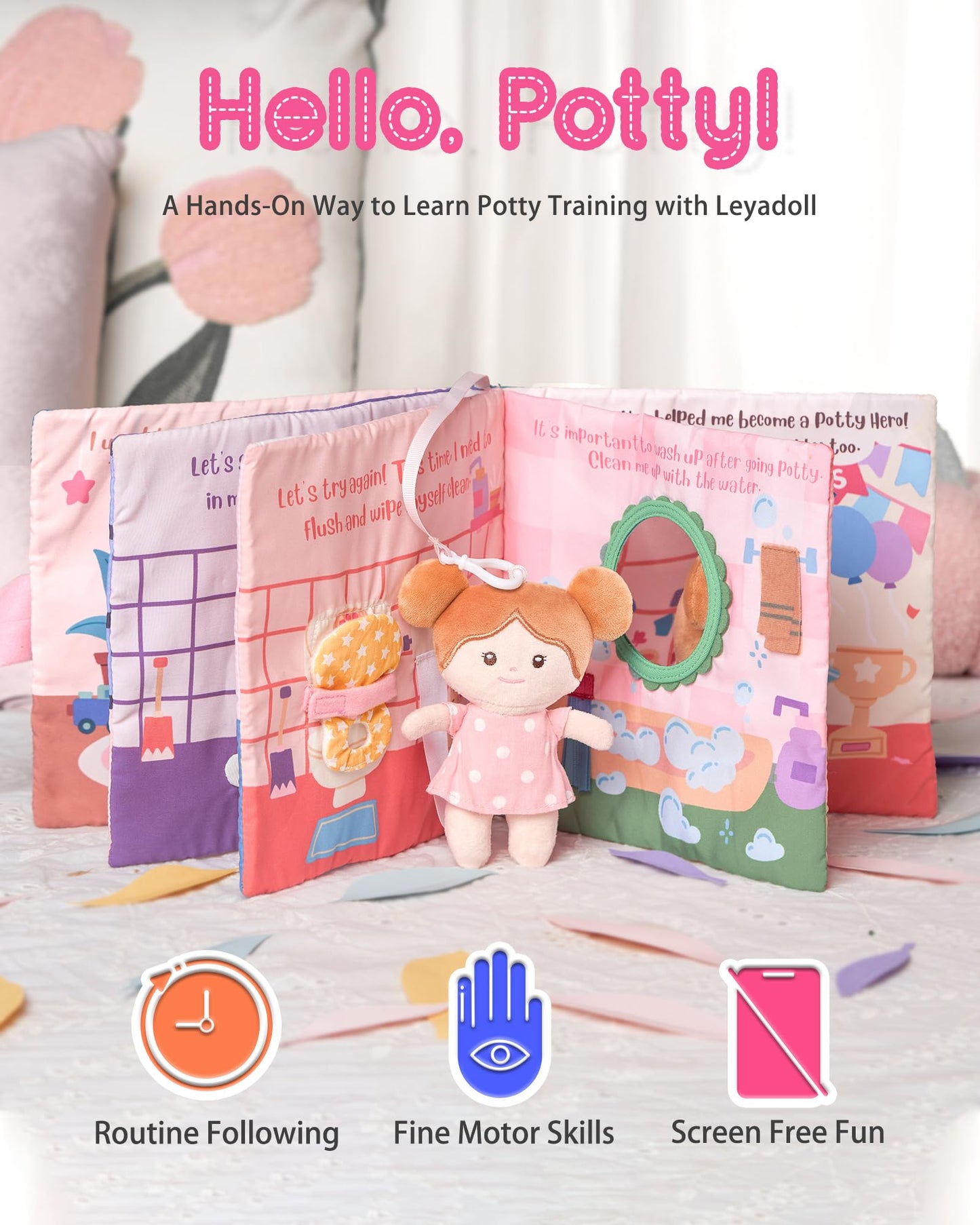 LeyaDoll Interactive Sensory Soft Cloth Book, Educational Crinkle Quiet Activity Busy Book for Babies,Toddler Travel Toy Gift for Boys and Girls (Hello Potty)