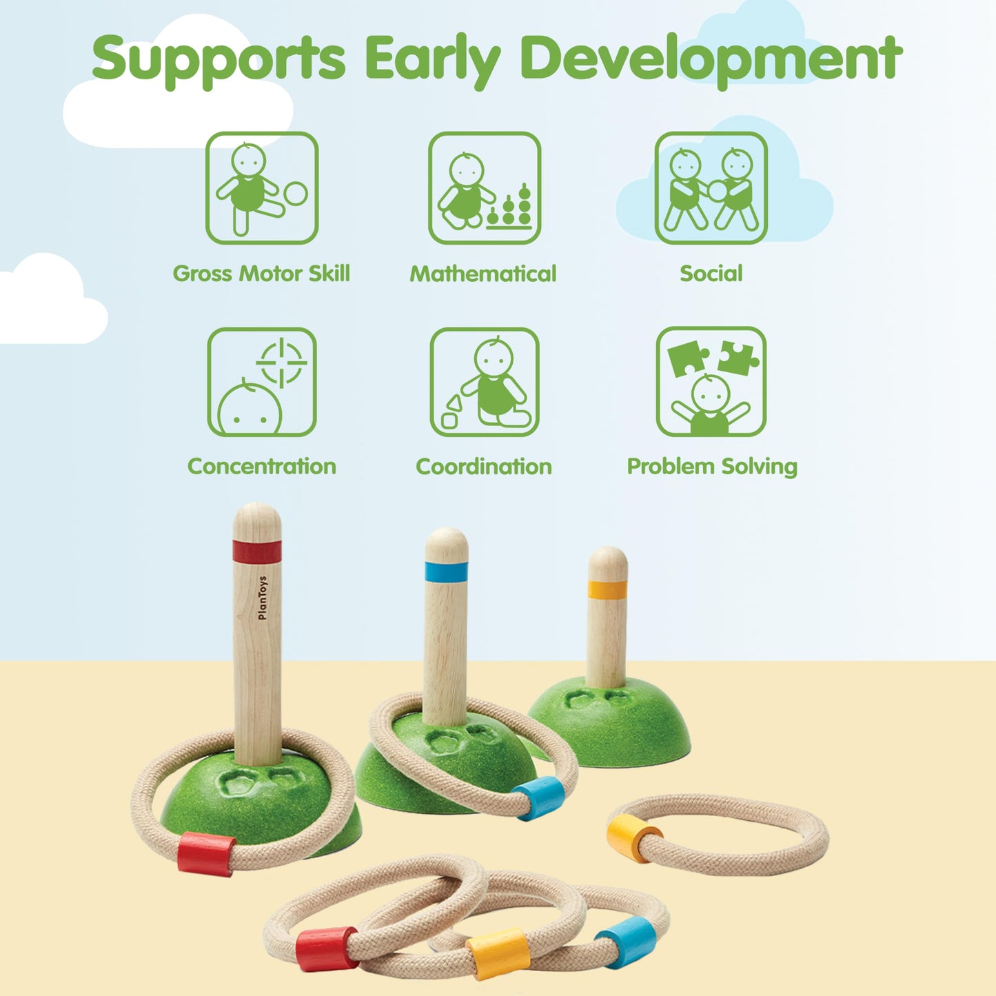 PlanToys® Meadow Ring Toss Wooden Montessori Coordination and Gross Motor Toy | Focus, Aim, Balance and Movement Development Activity | Eco Friendly Outdoor and Indoor Learning Game