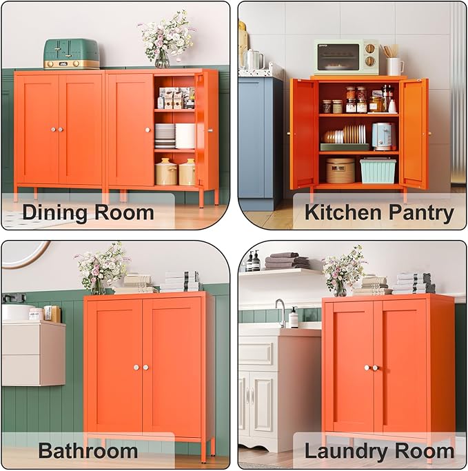 Orange Metal Sideboard Cabinet, Small Bathroom Storage Cabinets, Metal Storage Cabinet with 2 Doors and Adjustable Shelves for Kitchen Dining Room Living Room, Entryway,Office