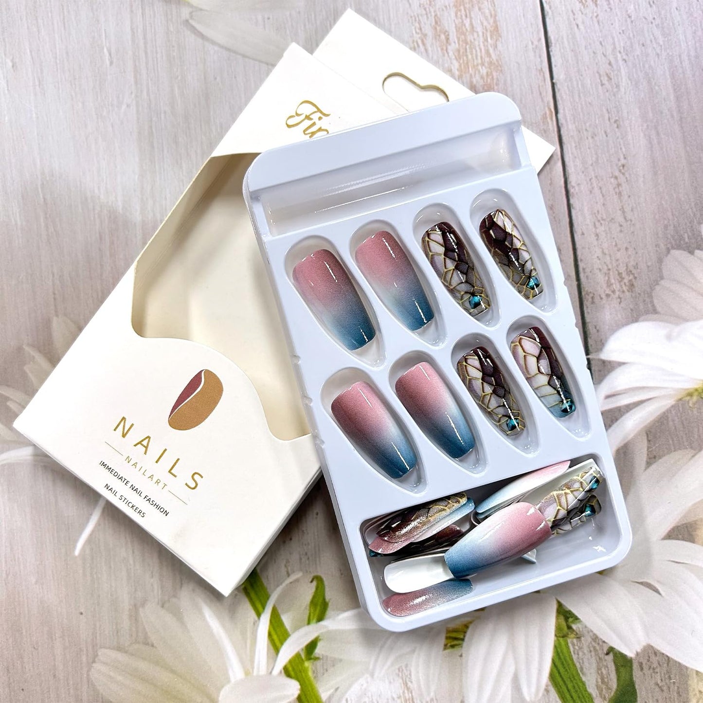 Pink Blue Gradient Press on Nails Medium Gold Mesh False Nails Blue Diamond Design Press Nails Full Cover Glossy Acrylic Nails Artificial Coffin Nails Ballet Shaped Stick on Nails for Women 24Pcs