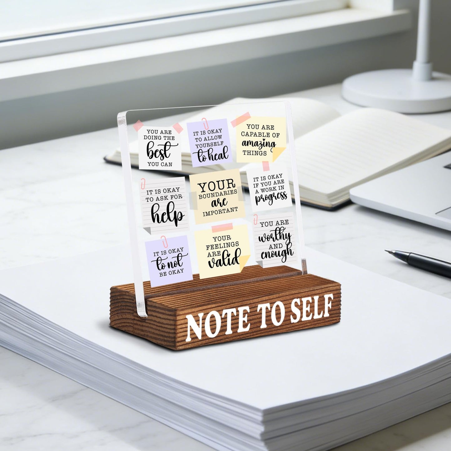 Inspirational Desk Decor with Positive Self Reminder, Acrylic Note Style Sign with Rustic Wood Base, Encouragement Gift for Home Office Coworker Friend SNOTE10