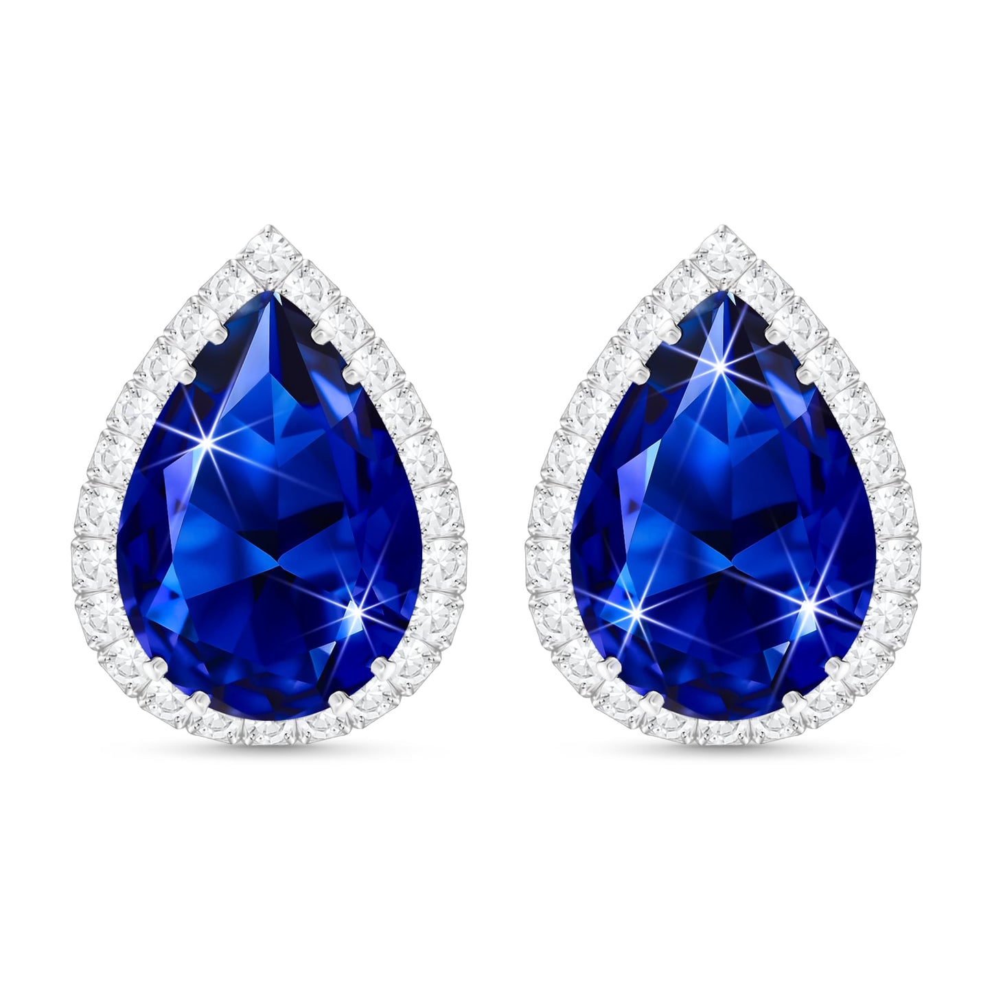 Linawe Sapphire Imitation Diamond Royal Blue Teardrop Stud Earrings for Women, Silver White Gold Cubic Zirconia Navy Blue Statement Rhinestone Crystal Earrings Studs Set