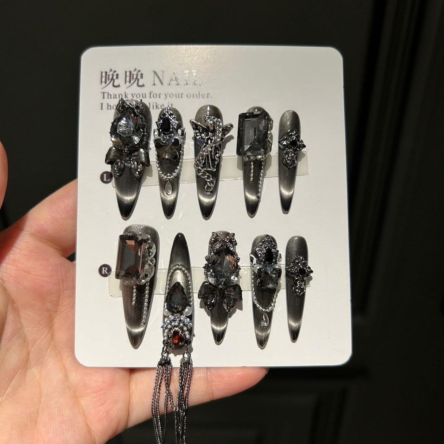 Luxury Press on Nails Long Almond Handmade 3D Unique Reusable ABS Material Fake Nails Black Gothic False Nails with Designs Chain Rhinestones Charms Glitter Glossy Thick Acrylic Nails(M)