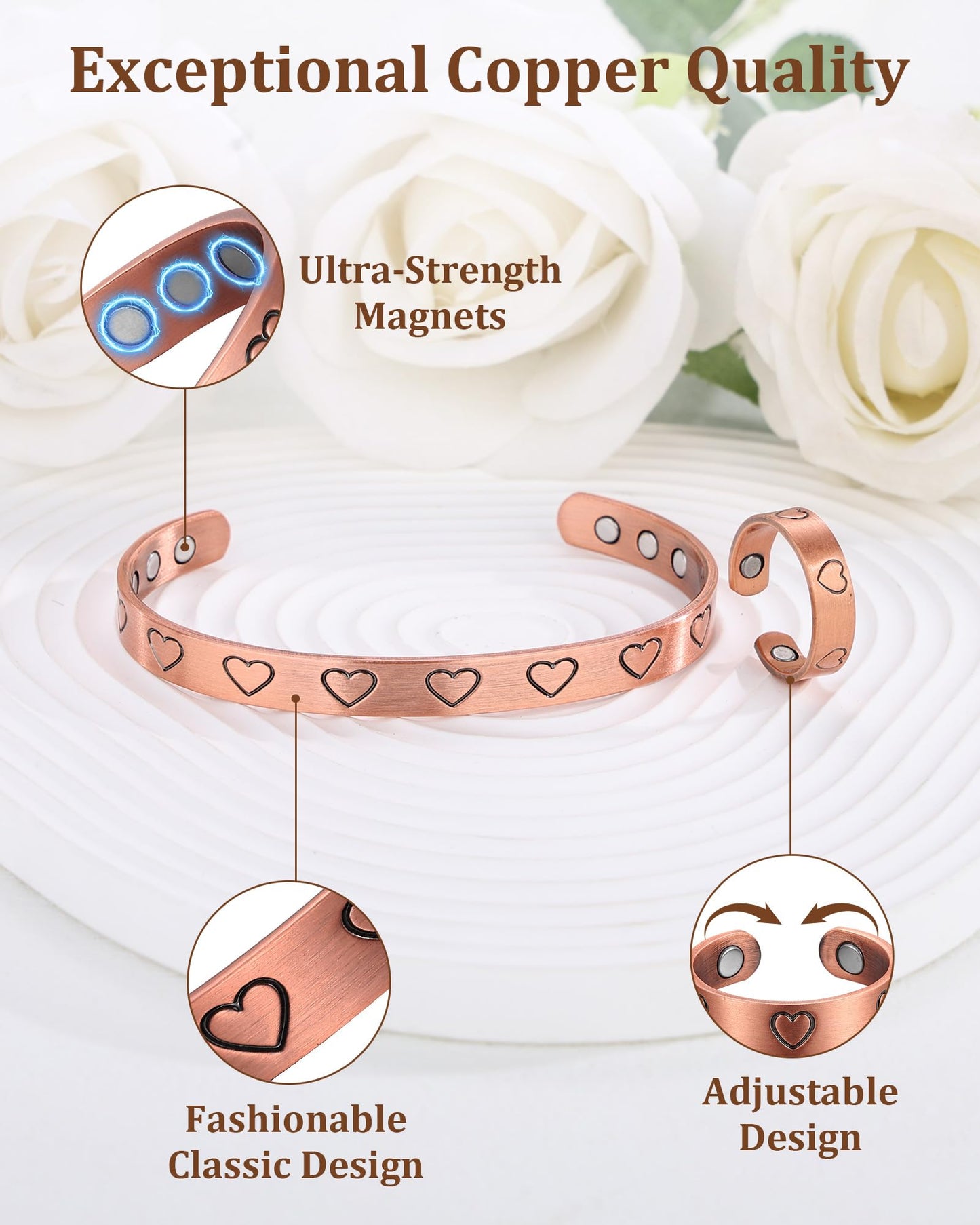 BioMag Heart Design Magnetic Copper Bracelet & Lymphatic Drainage Ring for Women Men, 99.99% Pure Copper Cuff Bangle & Ring, Adjustable Size