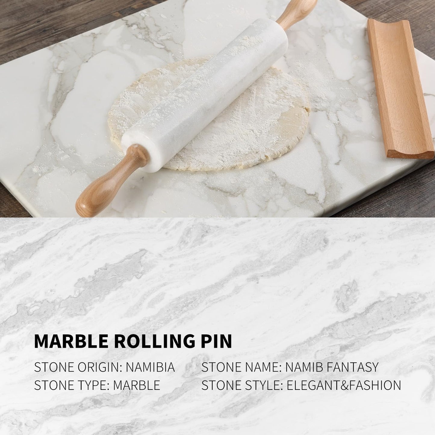 Koville Marble Rolling Pin, Non-Stick African Stone Polished Dough Roller, Pasta, Dumpling, Ravioli, Fondant, Pie Crust, Kitchen Baking Pastry Tools(Namib Fantasy)