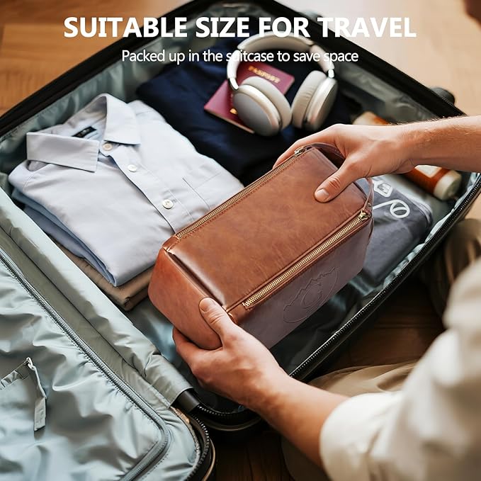Personalized Toiletry Bag for Men,Initial Mens Toiletry Bags for Traveling,Men Travel Toiletries Bag,PU Leather Shaving Bag for Toiletries Accessories kit,Brown G