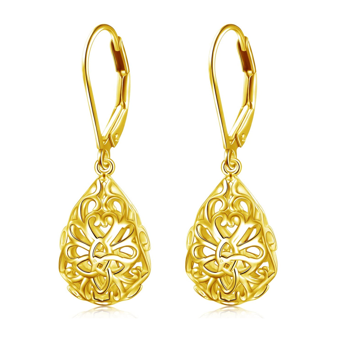 SHAOAN 925 Sterling Silver Filigree Dangle Drop Earrings Gold Plated Celtic Knot Leverback Teardrop Earrings for Women Mother’s Day