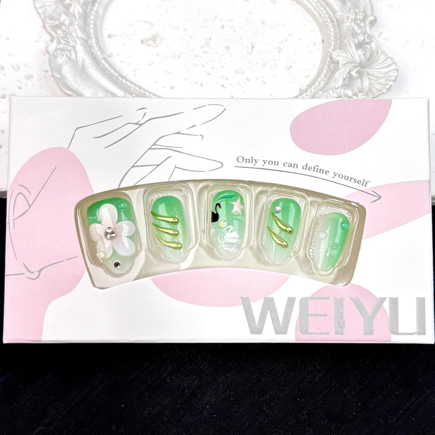 30Pcs Y2K Green Press on Nails Almond Fake Nails with 3D Flower Rhinestones and Black White Swan Design Green Gradient Spring False Nails Gold Lines Full Cover Handmade Stick on Nail for Women