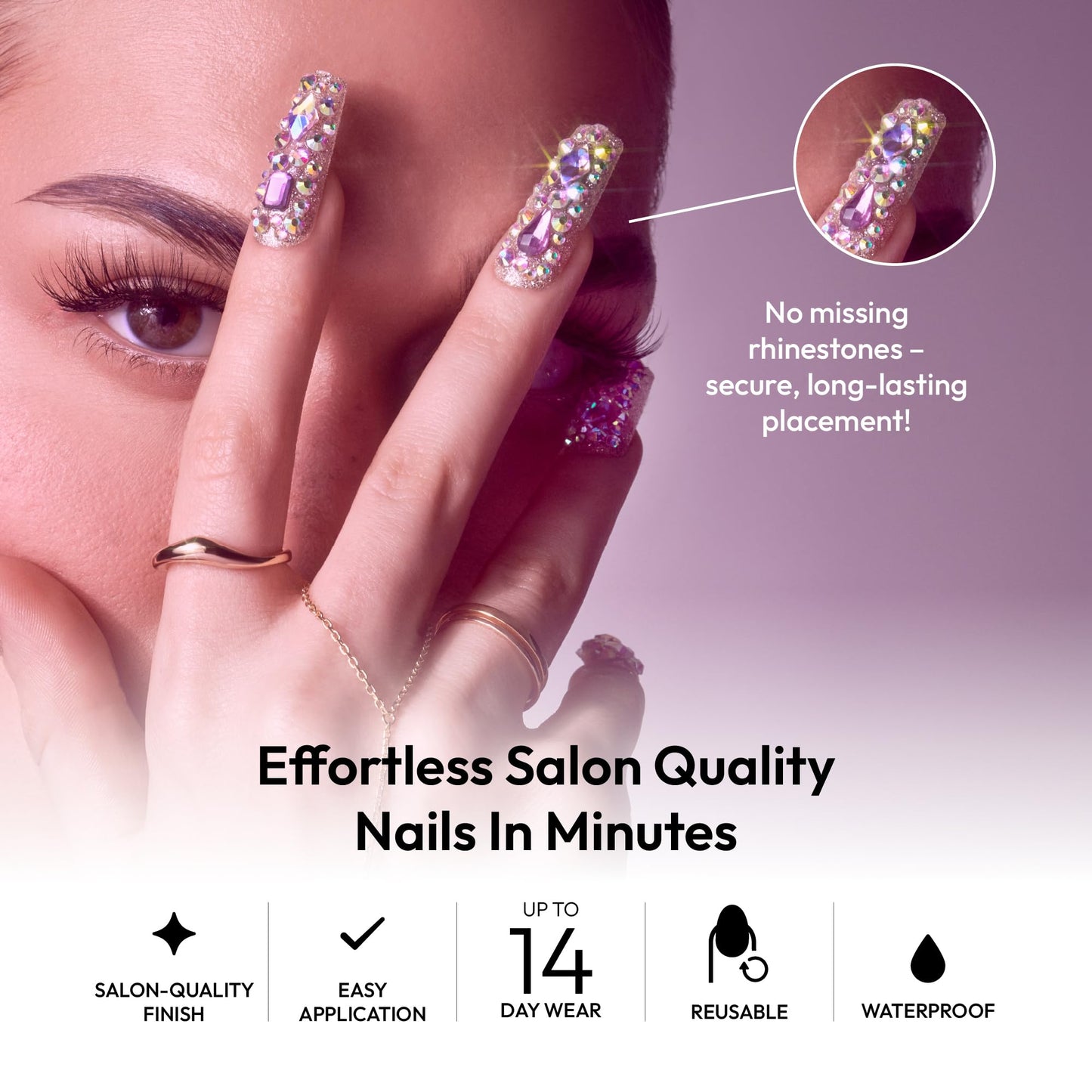 Glitzy 3D Handmade Press On Nail Kit, Multicolor Rhinestone Gem X-Long Square False Nail, Reusable & Lasts Up To 2 Weeks, Seamless Snug Fit Technology, Includes Glue, File & 28Pcs Manicure Set