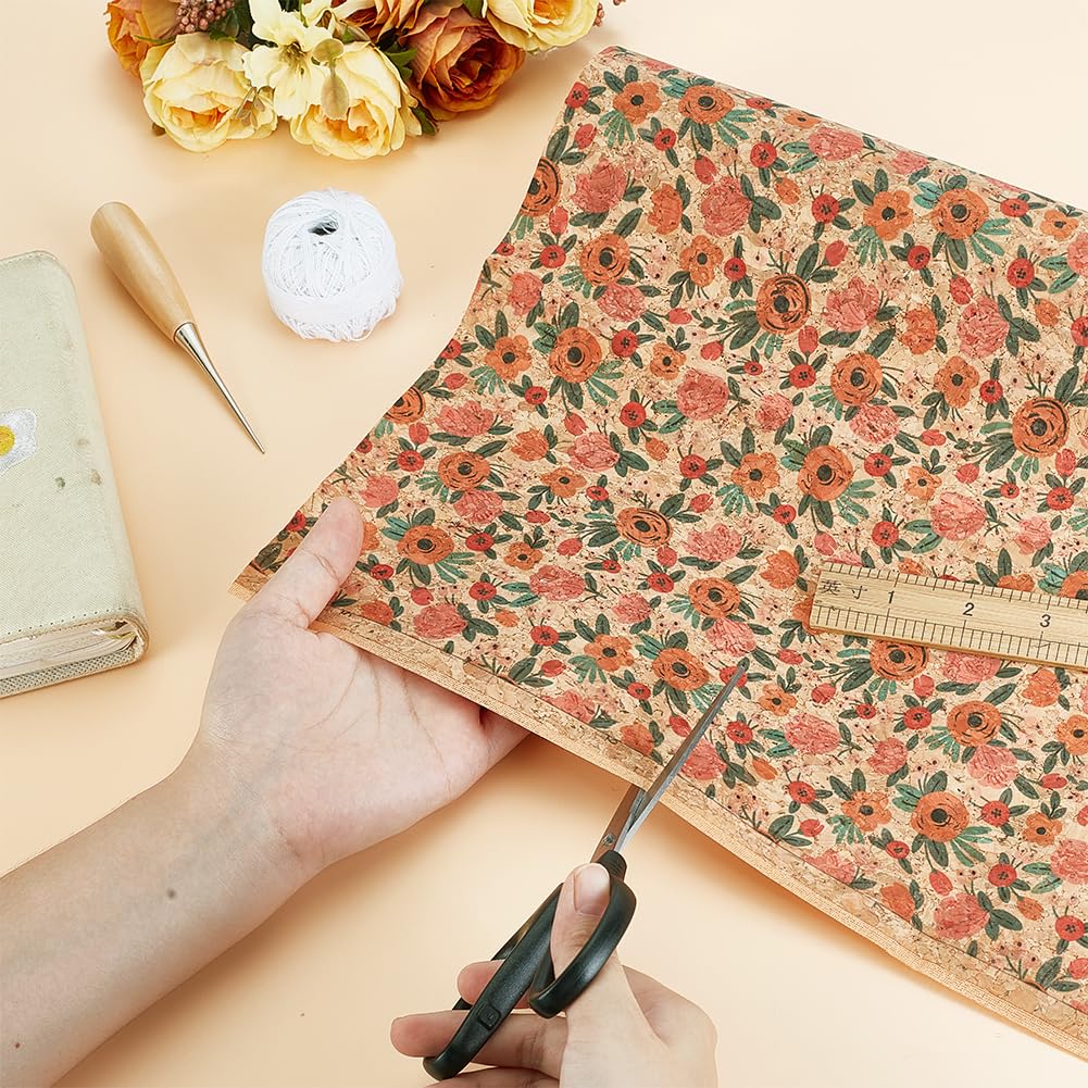 PH PandaHall Cork Fabric 53x19.7 Flower Pattern Soft Cork Sheets Retro Thin Cork Ribbon for Sewing Cork Faux Leather with Camellia Pattern for Wood Craft DIY Projects Pakaging Bag Laptop Case Making