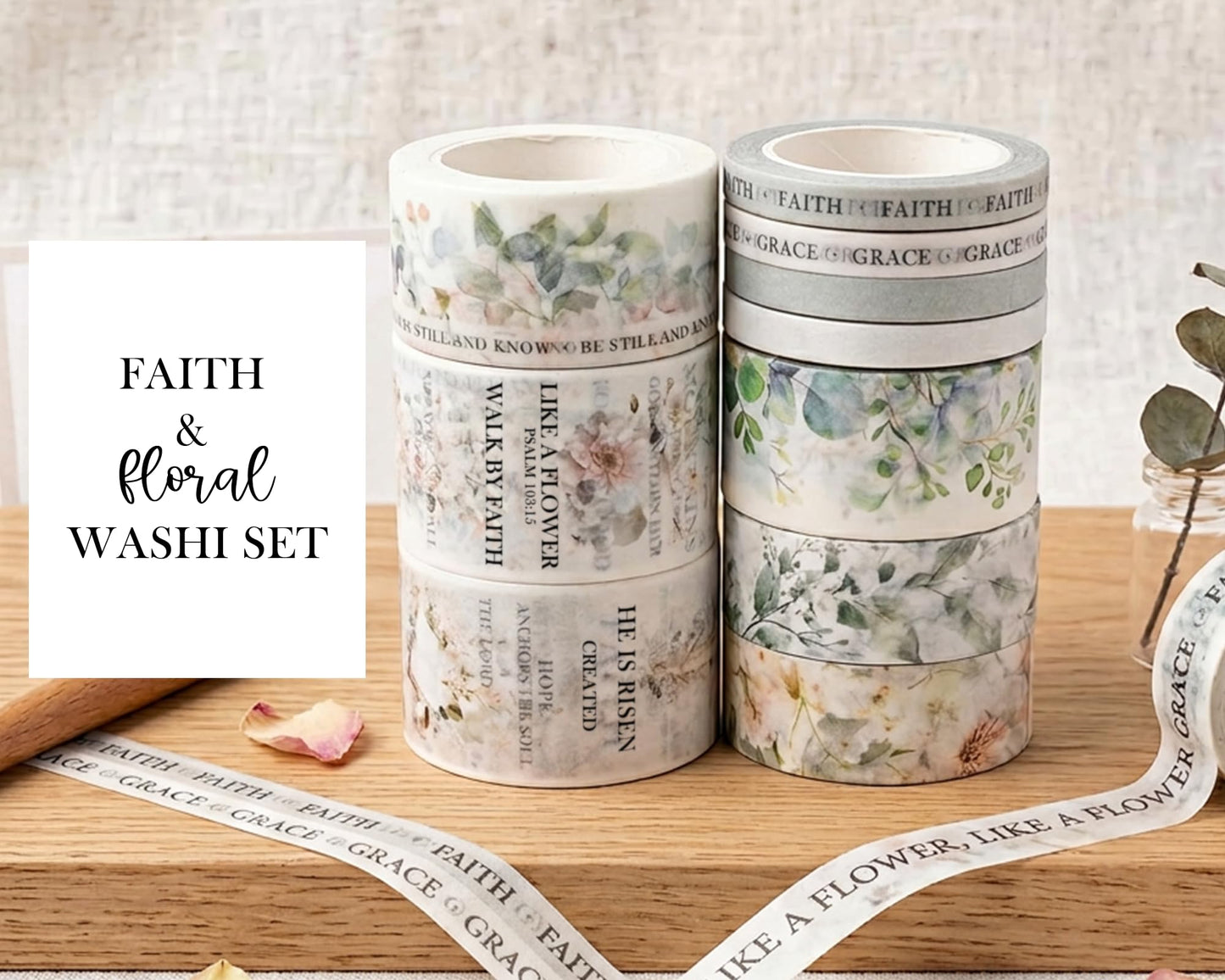 Bible Journaling Washi Tape Set for Women – 10 Rolls + Sticker Sheets, Floral Faith Theme Washi Tape with Scripture Verse & Christian Words, Decorative Tape for Planner, Prayer Journal Supplies