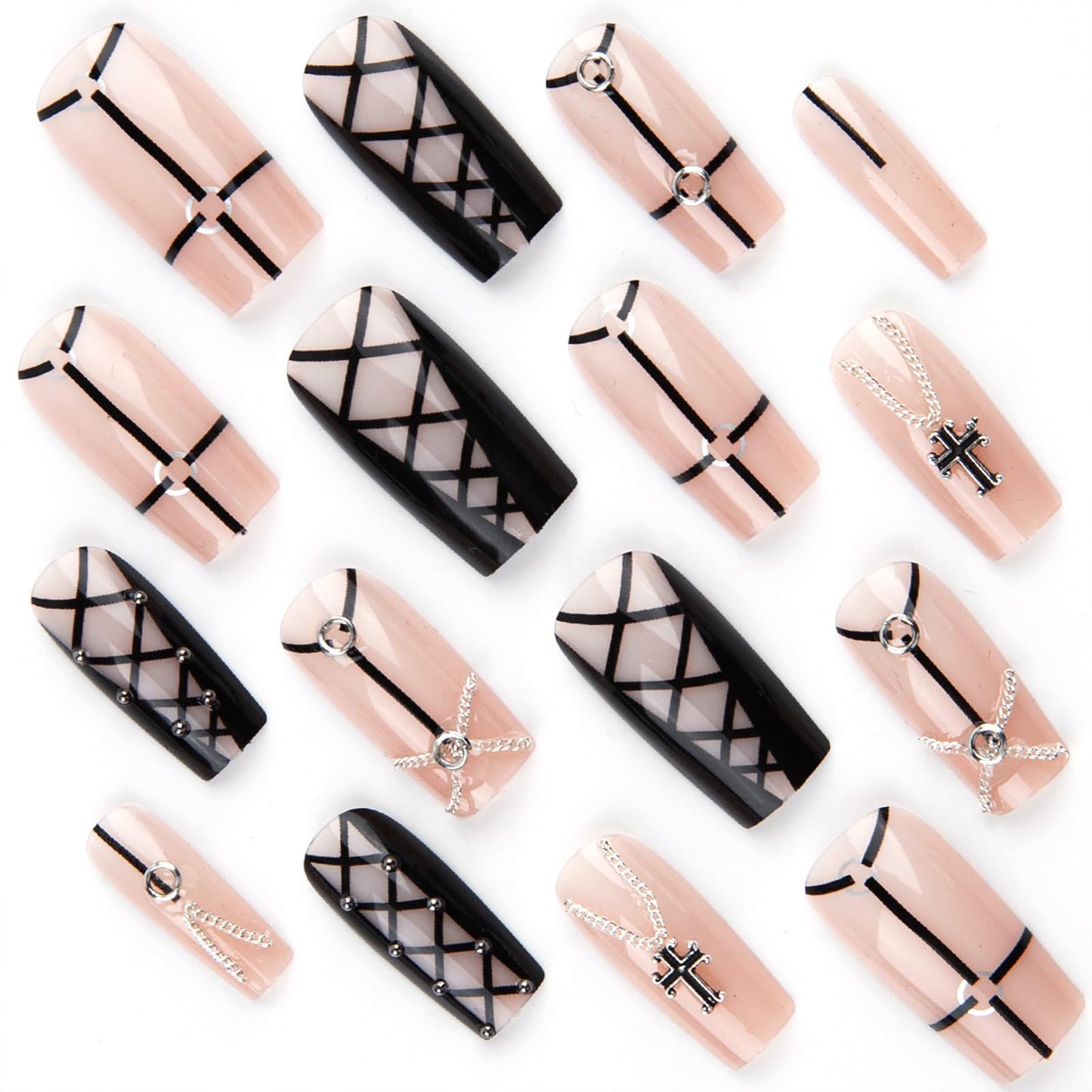 IMSOHOT Press on Nails Square Medium Fake Nails Black Nude Glossy Glue on Nails Full Cover Cute Leather Belt Stick on False Nails with Designs