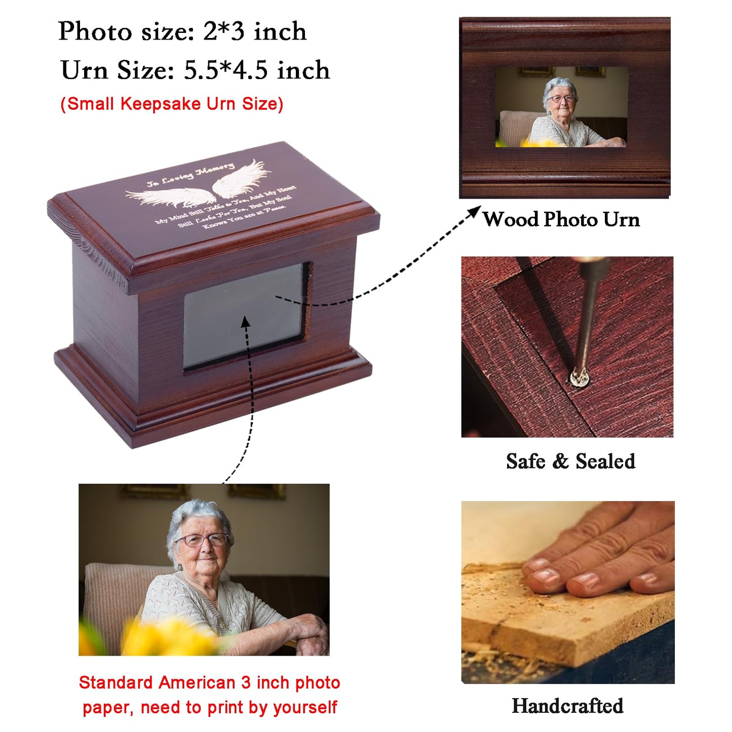 5.5 Inch Small Wooden Memorial Urn with Photo Frame, Keepsake Urn Box for Human/Pet Ashes - Wing
