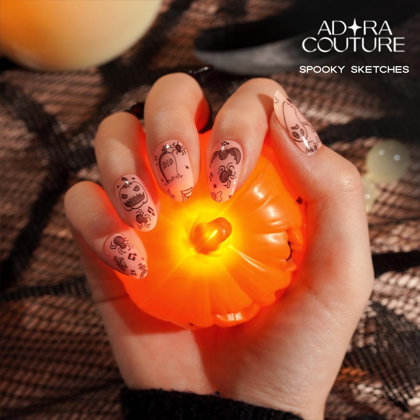 Adora Couture Semi Cured Gel Nail Strips with 20 Pieces - UV Gel Stickers, Manicure Kit, Easy Application Wraps Includes Prep Pads, Nail File, Wooden Stick - UV Light Required (Spooky Sketches)