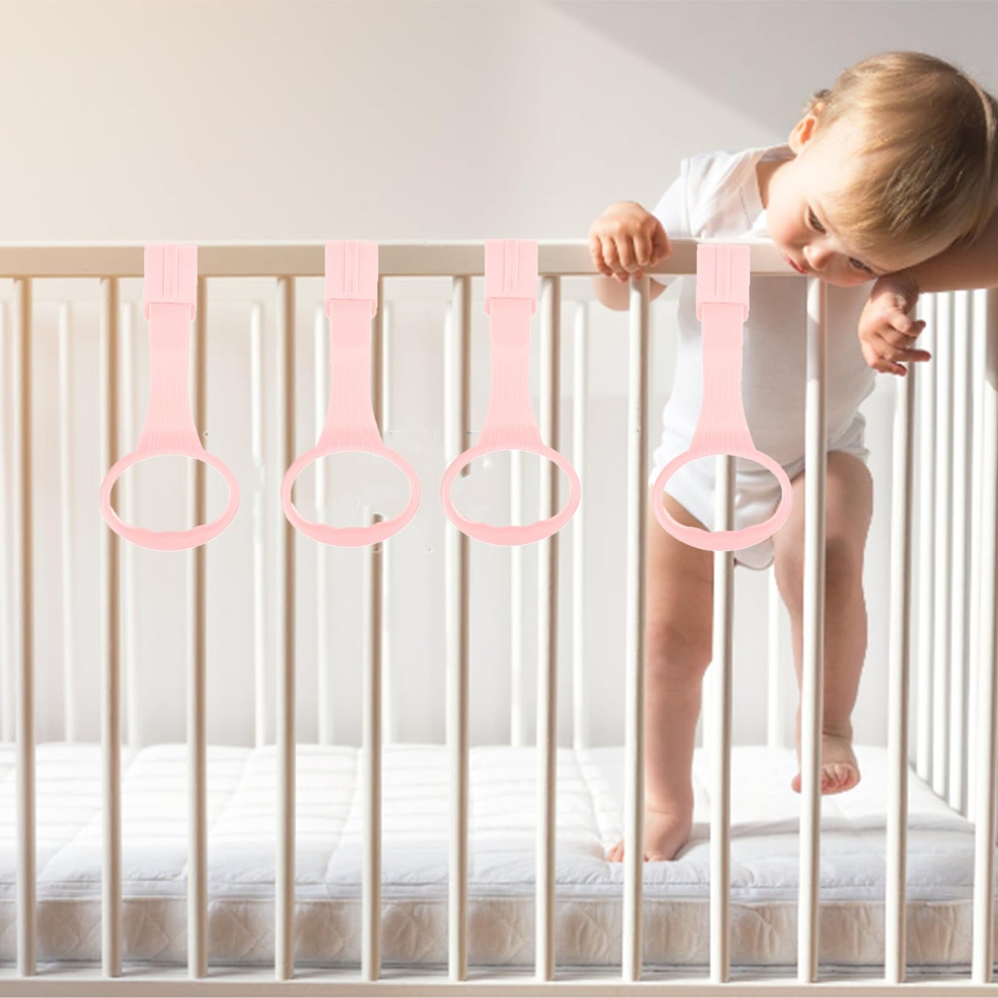 Awleynz 4Pcs Baby Playpen Pull up Rings, Pull up Rings for Play Pen, Playpen Accessories for Help Stand Up Walking Training Tool Newborn (Pink)