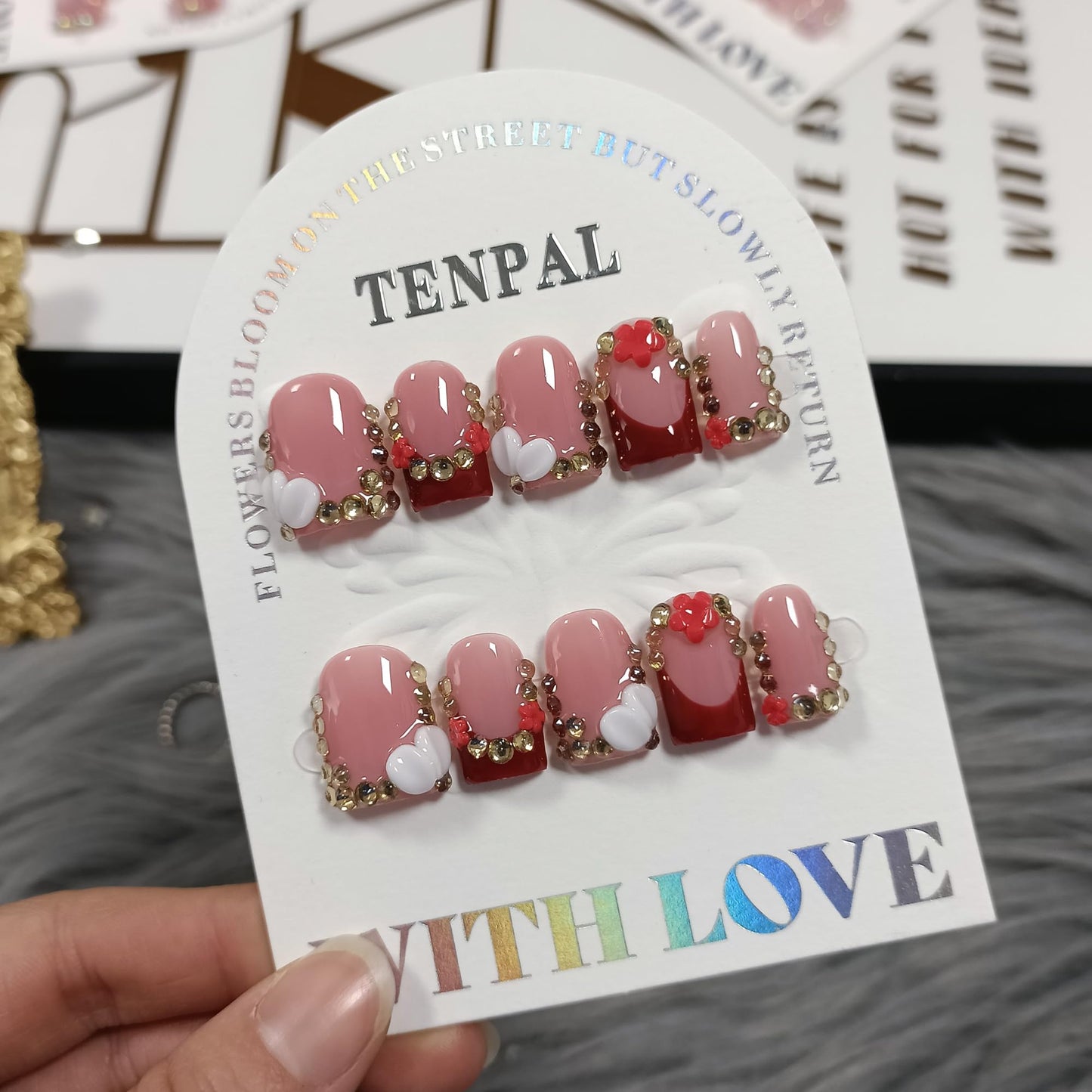 TENPAL Short Squoval Press on Nails - Red French Tip with Rhinestone Edge & Floral | Nude Pink Glossy Fake Nails | Clean Girl Manicure Set(M)