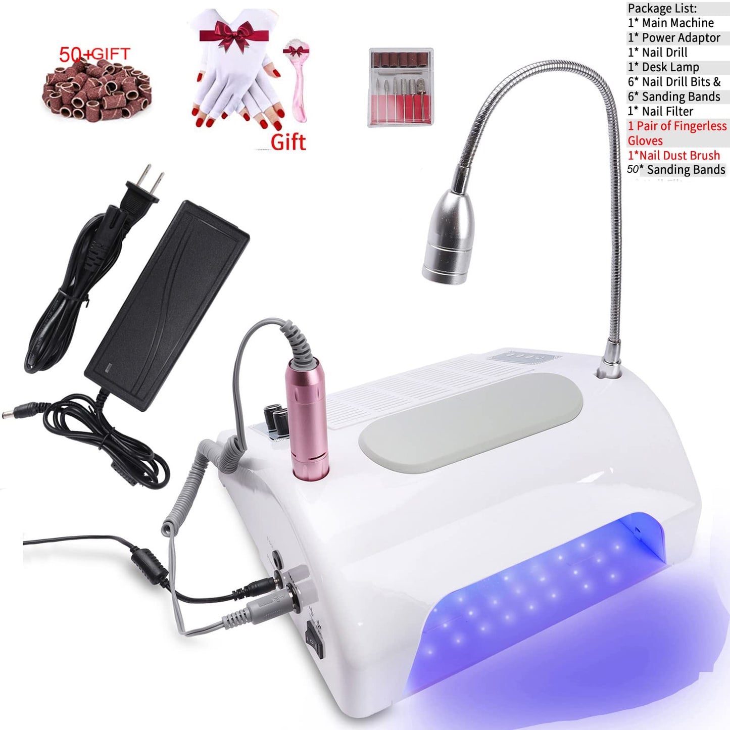 Nail Dust Collector Vacuum Multifunction Nail Art Machine,40W Nail Dust Collector for Acrylic,30000PRM Nail Drill with Bits and Sanding Bands, 48W/96W UV LED Nail Lamp, 6W Table Light, Hand Cushion
