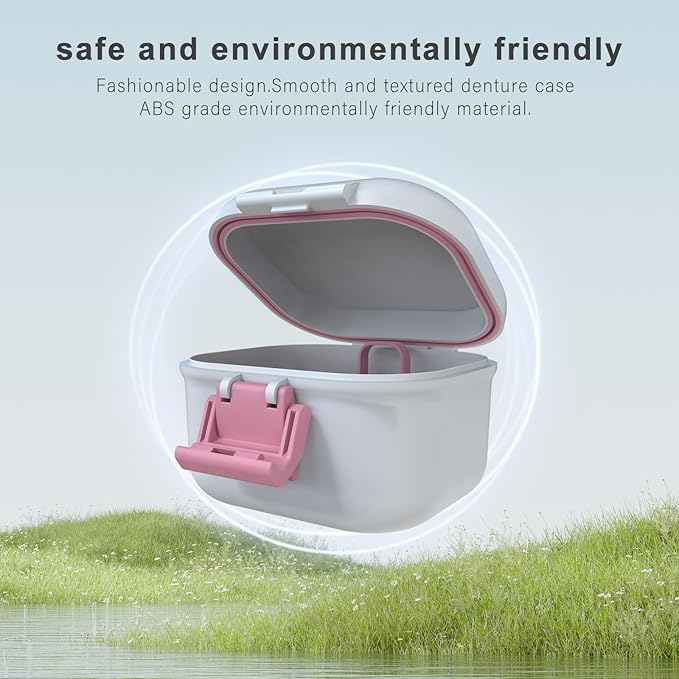 BVN Leak-Proof Denture case, Denture Cup for Soaking dentures, Retainer Cleaning case Pink and White Denture case