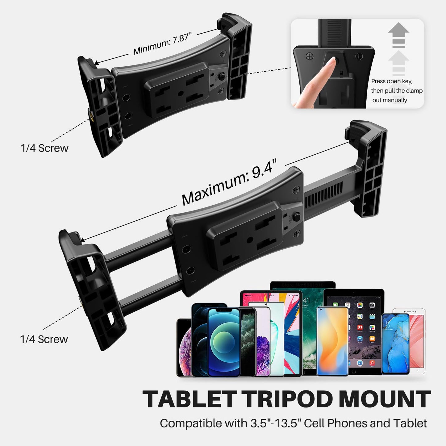 SENWOW Tablet Tripod Mount Adapter 360 Degree Rotatable Universal, Tablet Clamp Holder for Tripod, Selfie Stick, Monopod, Compatible with iPad Pro, iPad Air, iPad mini, 3.5-13.5 Inch Phone