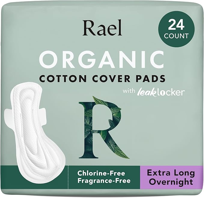 Rael Pads for Women, Organic Cotton Cover - Ultimate Absorbency, Feminine Care, Ultra Thin, Sanitary Napkins with Wings, Unscented (Extra Long Overnight, 24 Count)