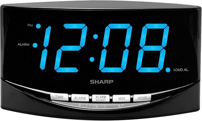 Sharp Digital Alarm Clock, 2" Jumbo Blue LED Display, High/Low Volume | 2-step dimmer, easy-set controls, snooze, battery backup, across-room viewing, bedroom, nightstand, office, seniors, elderly