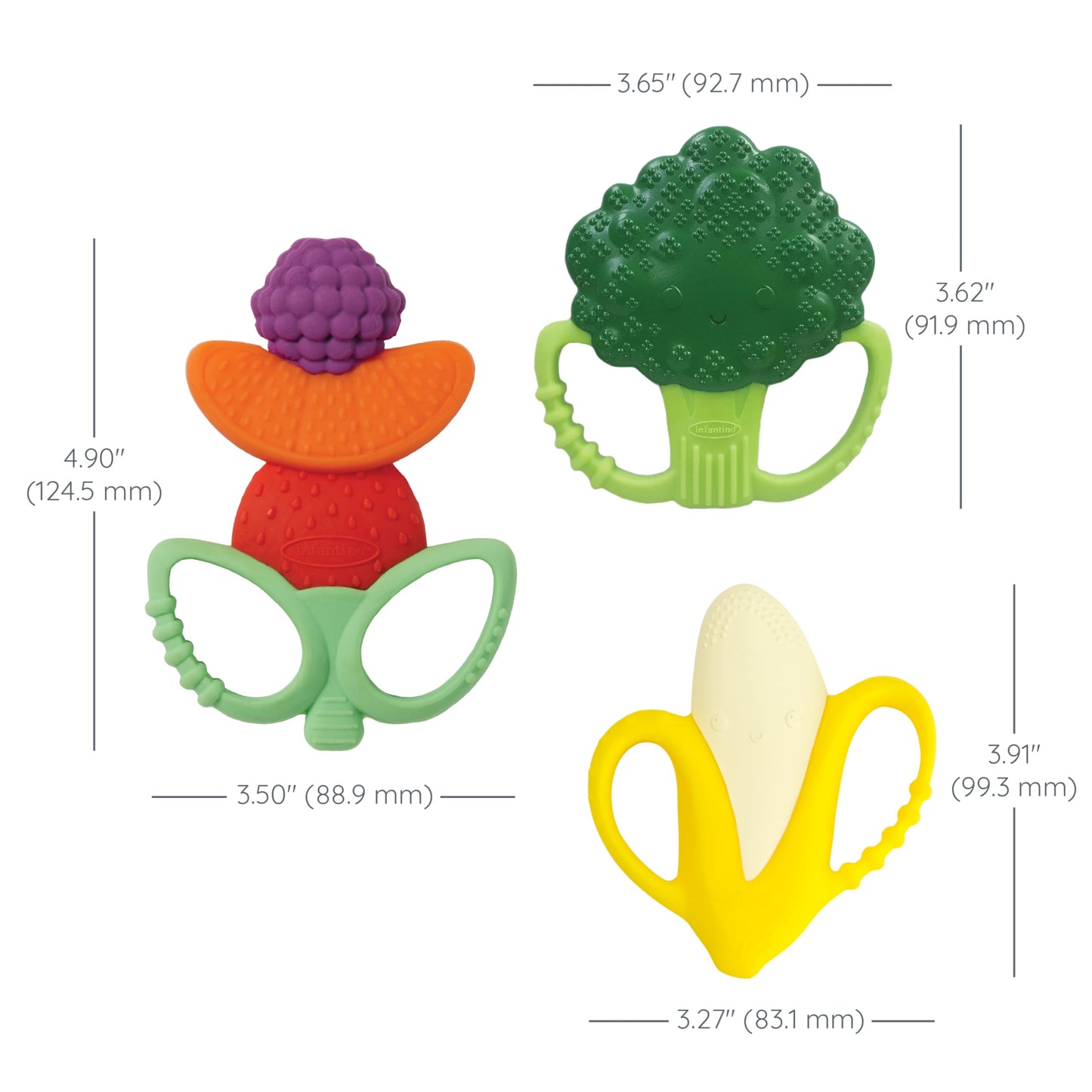 Infantino Lil’ Nibbles Textured Silicone Teethers, BPA-Free Baby Teething Toy, Soft, Easy to Hold, Sensory Stimulation for Infants, Banana, Broccoli, Fruit Kabob, 3-Pack Set