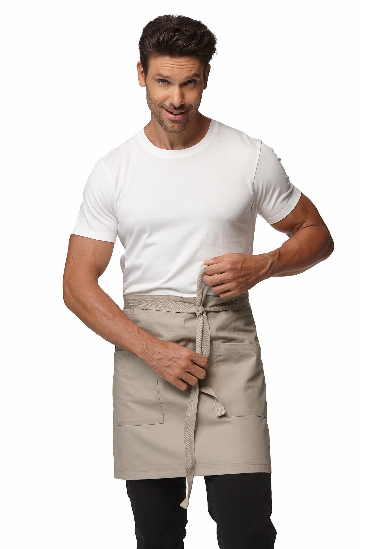 Guolamy Unisex Waist Apron Half Bistro Apron Server Aprons with Pockets Waterproof 4251BY(Khaki,1Pack
