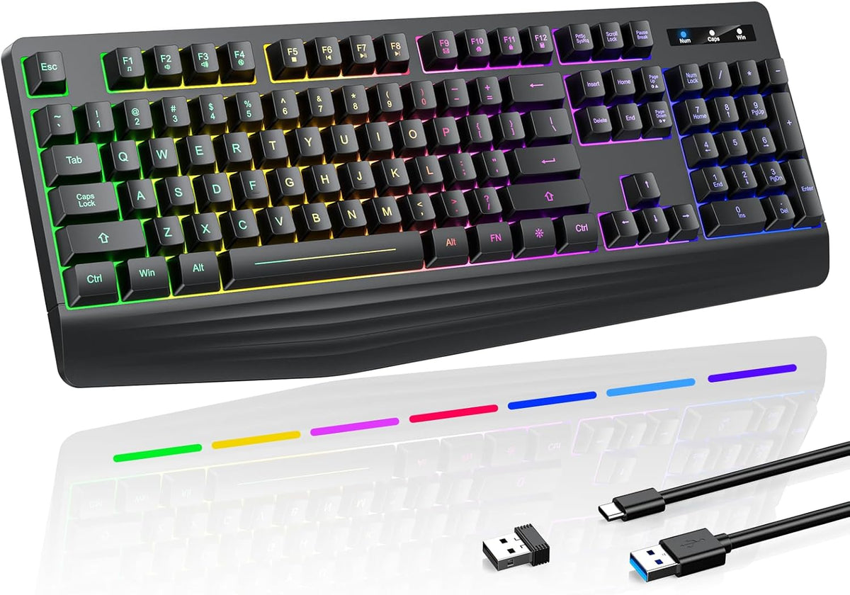 Wireless Gaming Keyboard, RGB & Single-Color Backlit, Full-Size Waterproof Computer Keyboard, Silent Keys, Wrist Rest, Sleep Mode, Rechargeable 2.4G Wireless Keyboardfor Windows, Mac, PC, Laptop