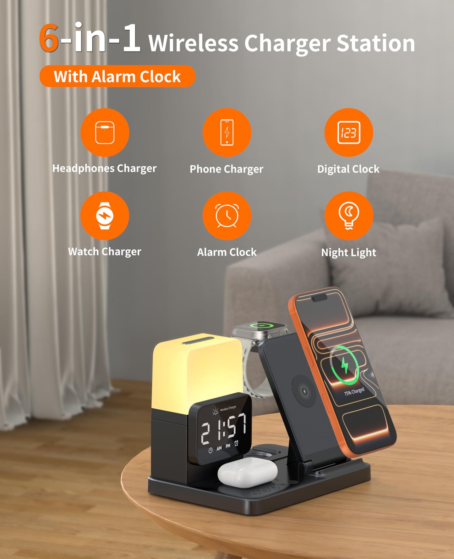 6-in-1 Wireless Charging Station, Charger Stand for Apple Multiple Devices, for iPhone 17 16 15 14 13 12 Pro Max Watch Airpods, Wireless Charger iPhone Charging Station with Night Light/Alarm Clock