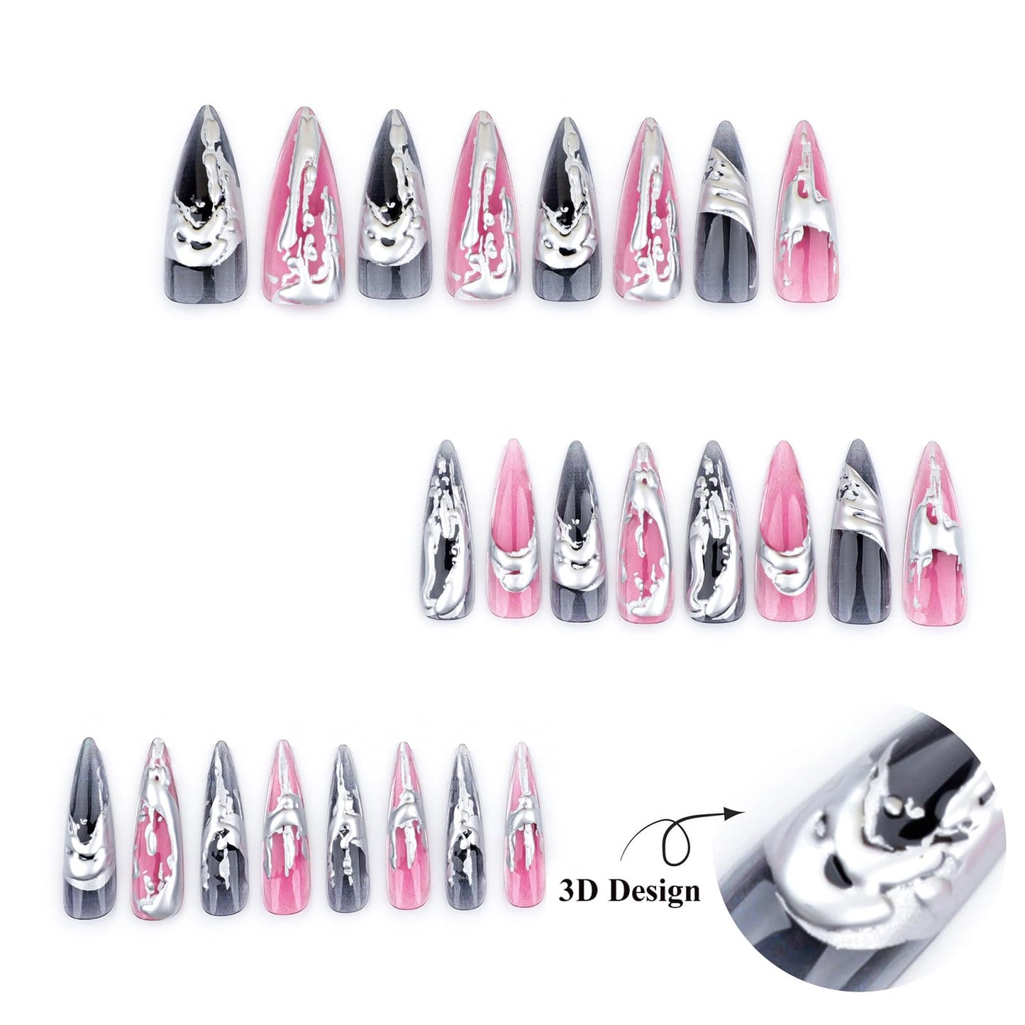 MISUD Press on Nails - Long Stiletto Glue on Nails with Goth Pink Black, Acrylic 3D Silver Chrome Design 24 pcs