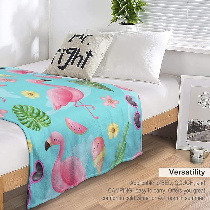 Flamingo Blankets Gifts - 60 x 80 Inches Cute Throw for Adults - Green Soft Fuzzy Plush Flamingo Blankets for Living Room