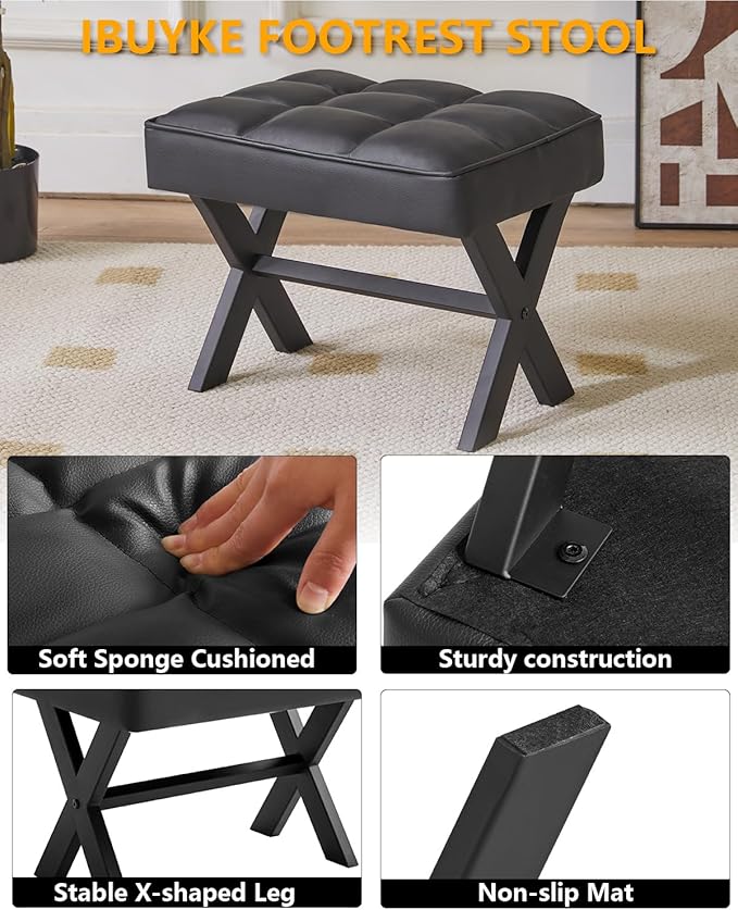 IBUYKE Small 12" H Footrest Stool, Square PU Foot Stool with Metal X-Leg, Multi-Use as Small Side Table, Step Stool for Living Room, Bedroom, Entryway, Office, Black WBD012B