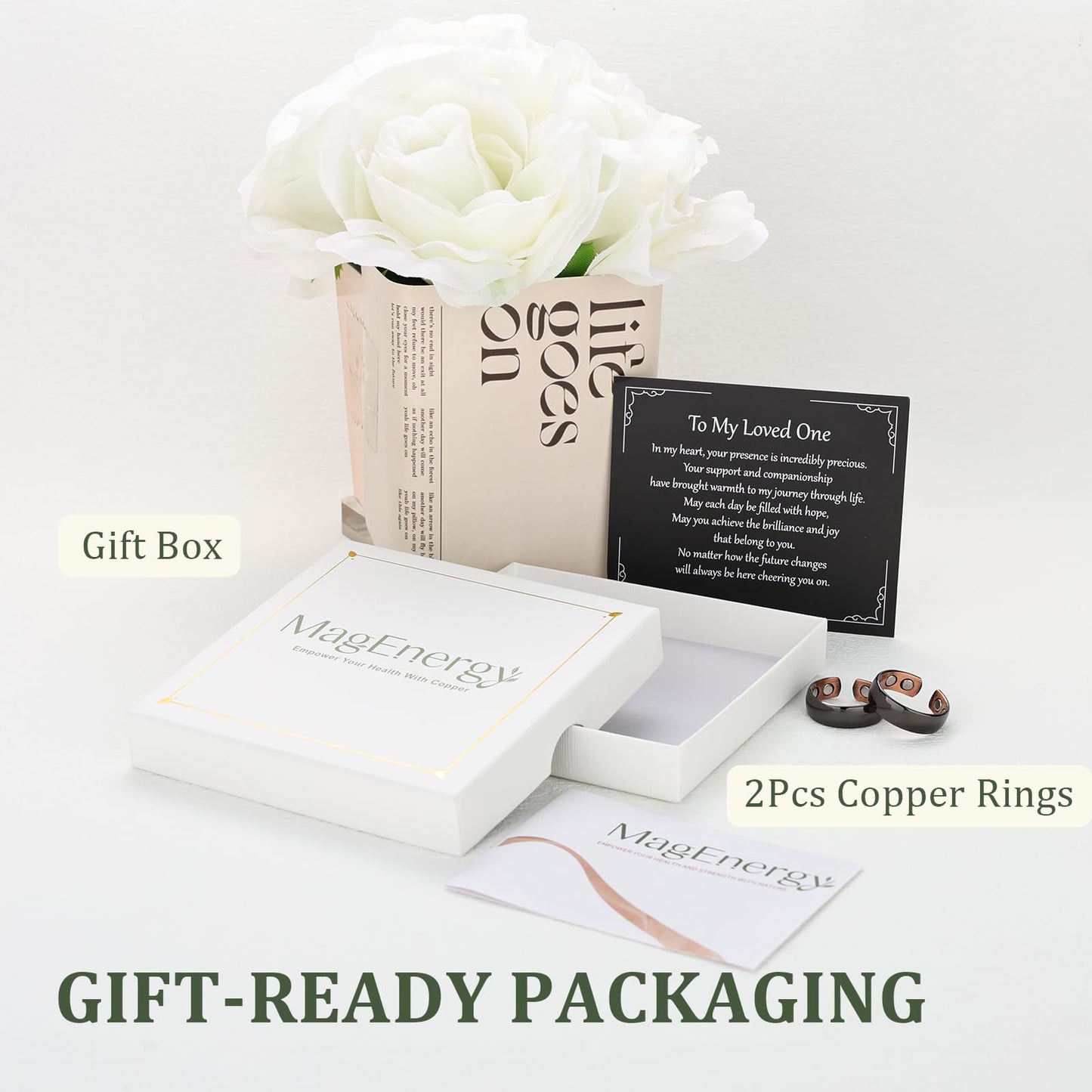 MagEnergy 2PCS Copper Rings for Men & Women, 99.9% Pure Copper Magnetic Adjustable Thumb Ring with Strong Magnet, Lymphatic Therapy Jewelry Gift with Present Box