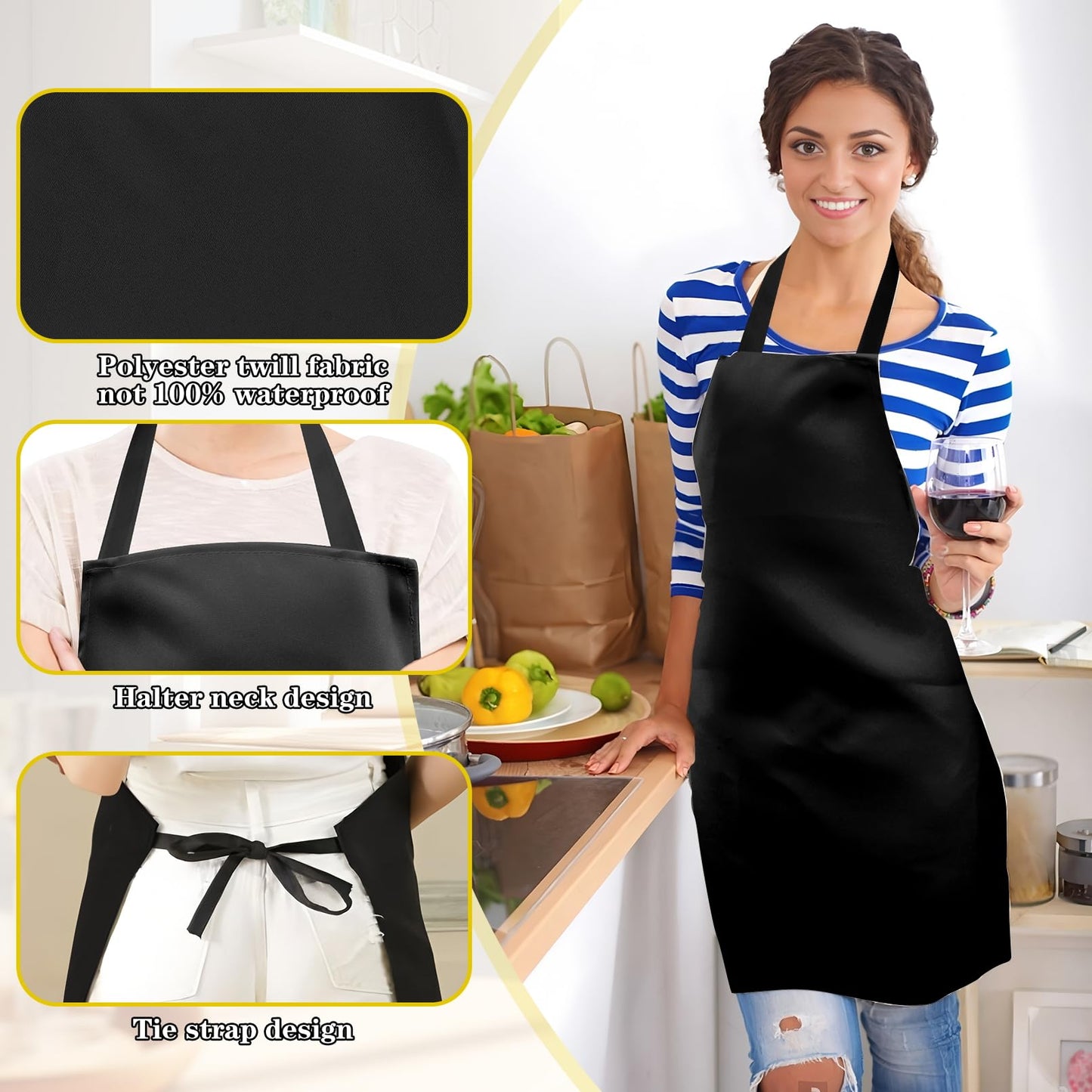 Cabaubl 12 Pack Black Bib Apron,Unisex Bib Aprons Bulk,Chef Apron without Pockets,Washable Kitchen Aprons for Women Men Kitchen Cooking, Crafting Painting, BBQ(Black)