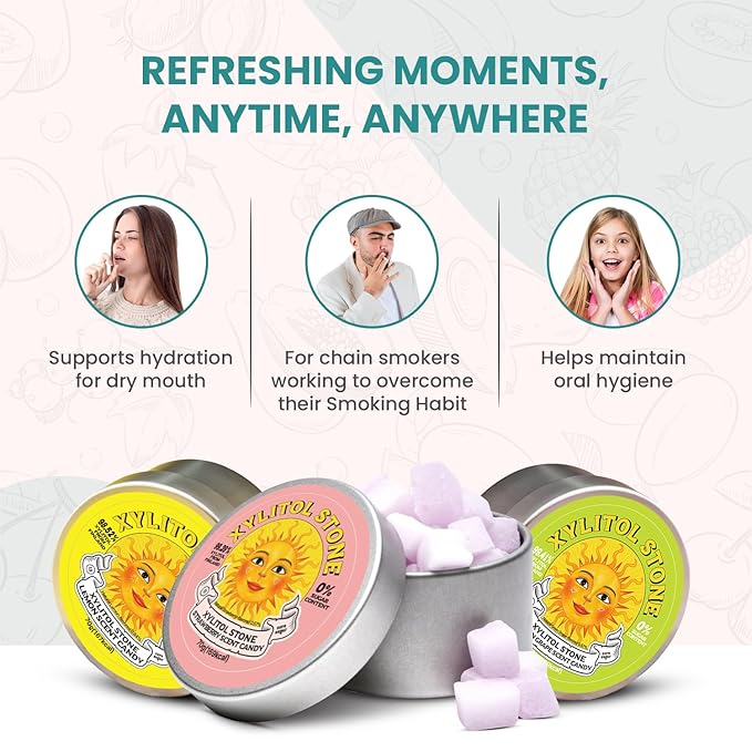 Xylitol Stone Sugar Free Candy - Vegan & Keto Friendly Unique Hard Candy - 100% Natural Flavor Candies - Gluten Free & Non-GMO Breath Freshener Mints - Pack of 3 (Strawberry, Green Grape, Lemon)