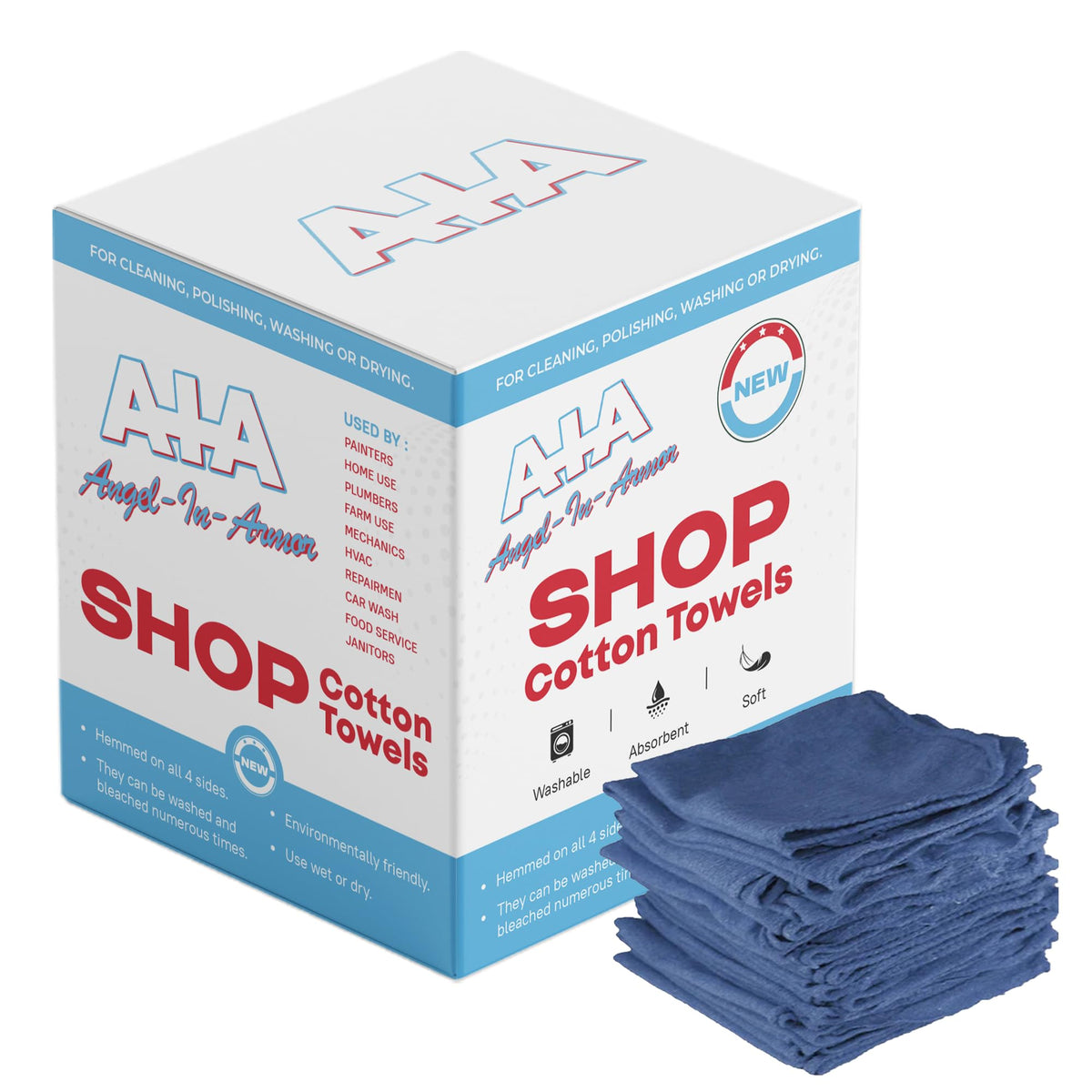Angel-in-Armor Blue Shop Towels (14”x14”) – 1000 Unit Box of Lint-Free Cotton Shop Towel Cleaning Rags – Durable Shop Rags for Auto, Garage, Industrial, and Commercial Use (1000 Count)