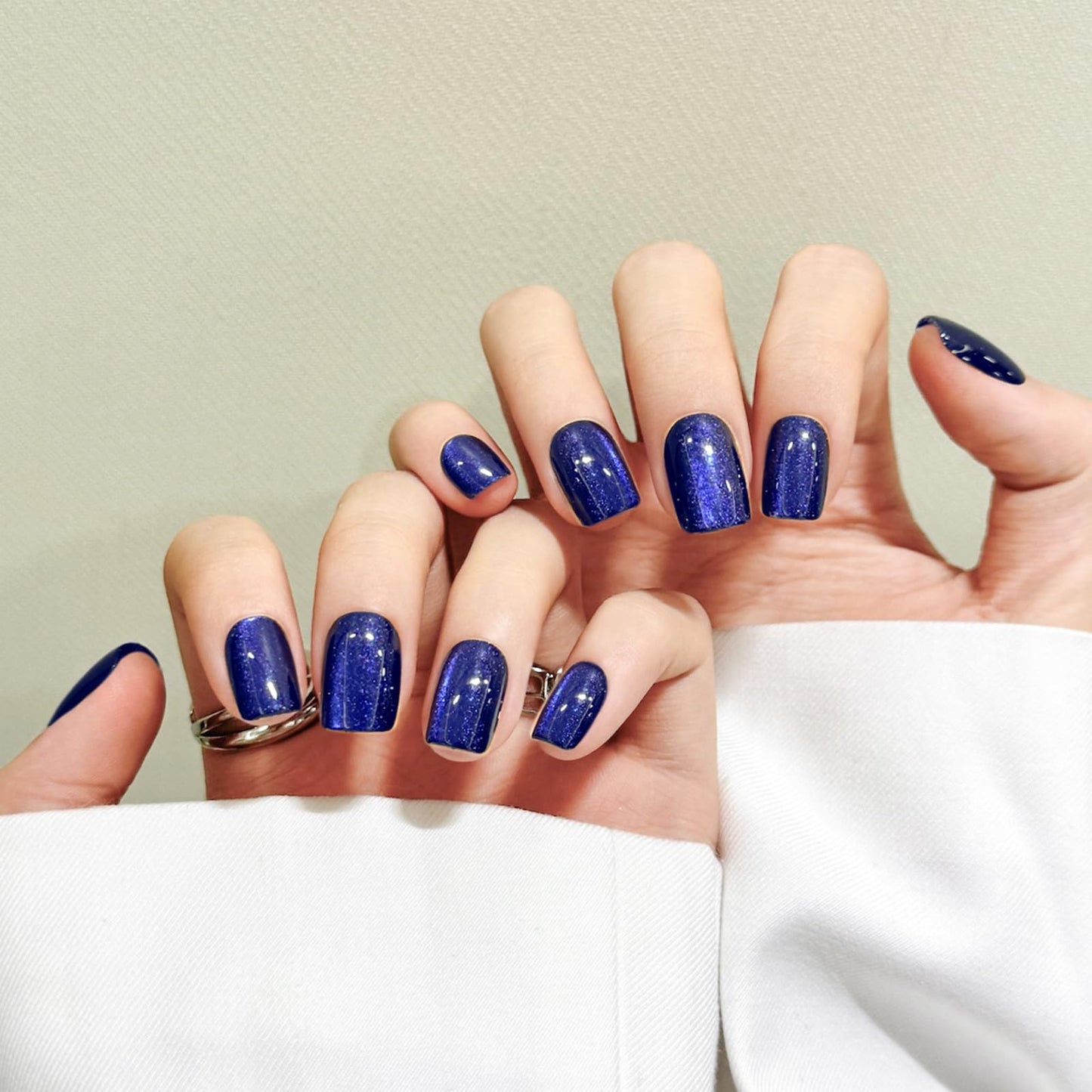 Navy Blue Cat Eyes Press On Nails,12 Sizes - 24 Pcs Soft Gel Blue Short Squoval Fake Nails Kit with Nail Glue, Natural Reusable Stick On False Nails for Women and Girls SK1061